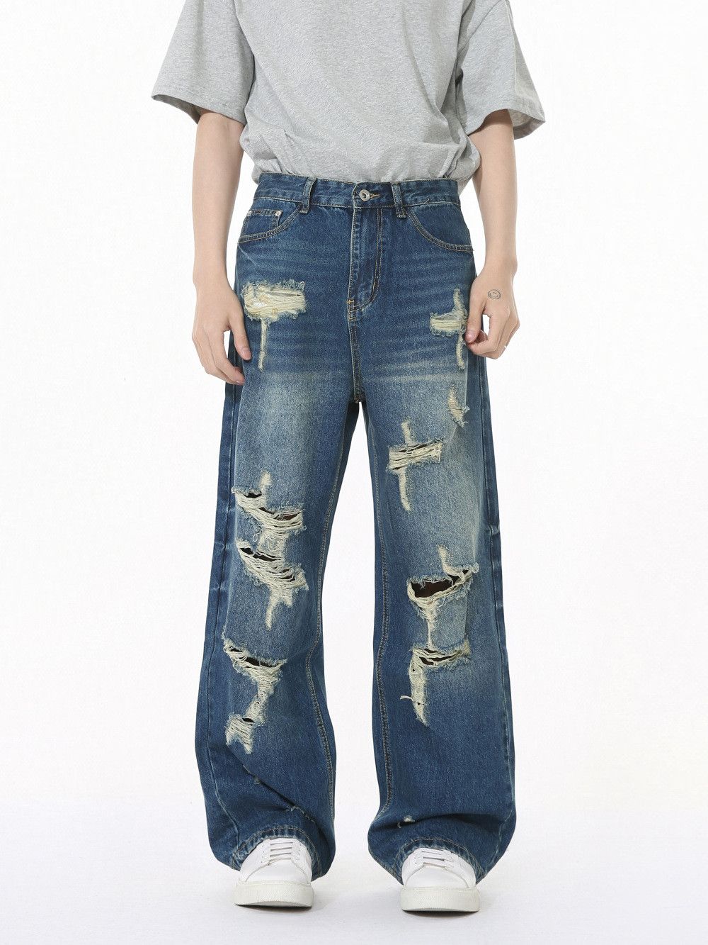 Vintage Men's Distressed Street Straight Jeans with Irregular Rips Size US 32 / EU 48 - 1 Thumbnail