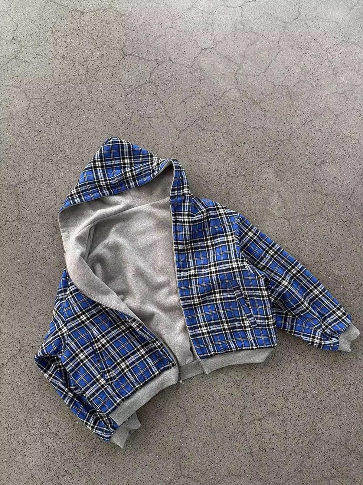 Gray Hoodie with Blue Plaid Lining