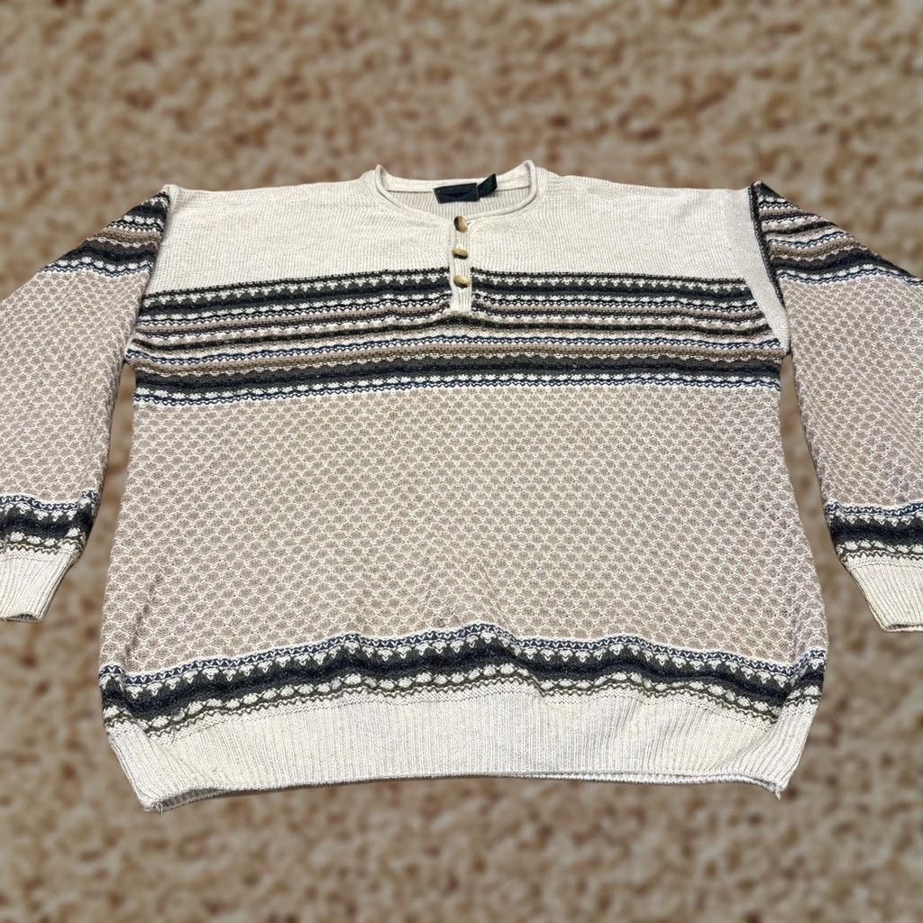 Vintage VINTAGE Etchings Sweater Mens XL Beige Pattern Knit Henley 90s Han Kung? Size US XL / EU 56 / 4 - 1 Thumbnail