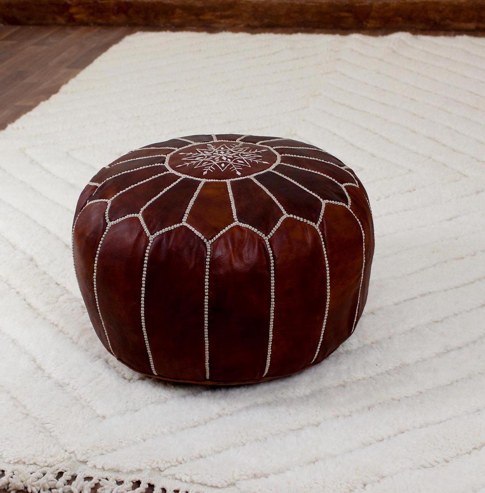 Leather × Vintage Round Handmade Leather Dark Brown Pouf Size ONE SIZE - 3 Thumbnail