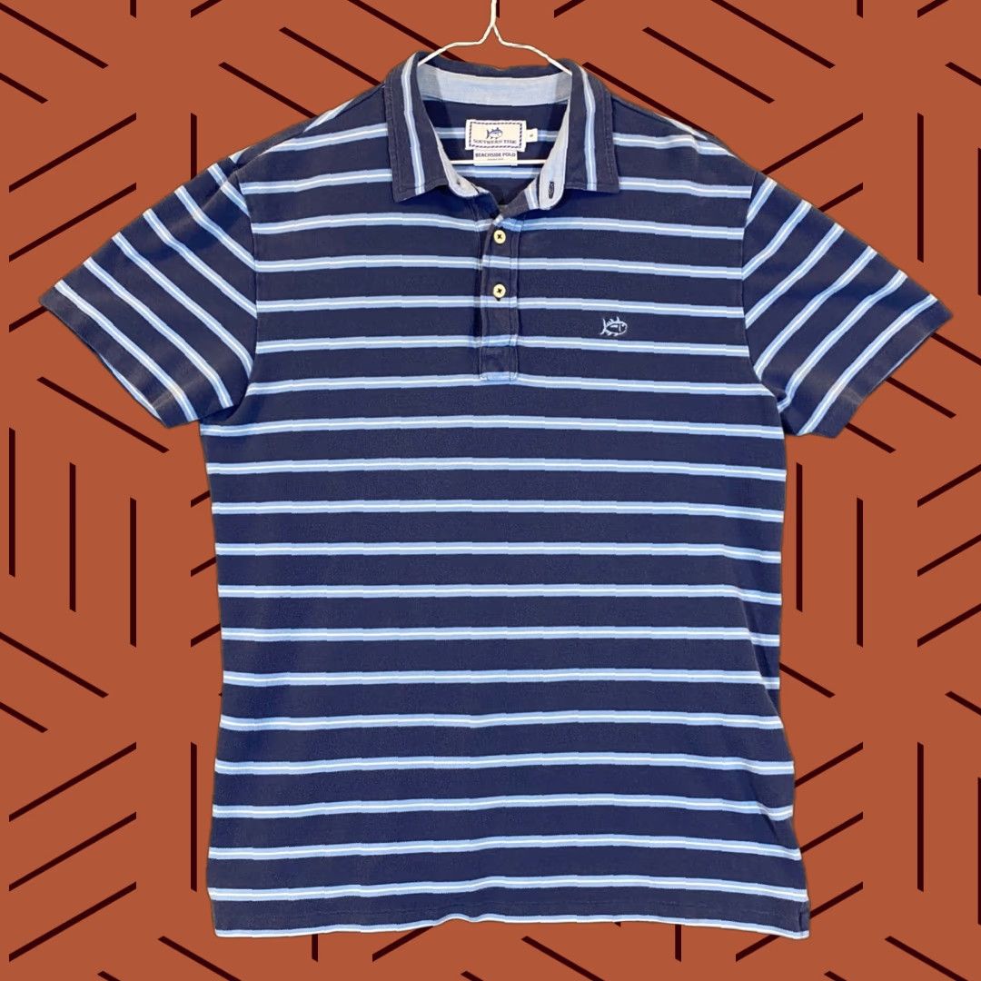 Southern Tide Southern Tide Polo Beachside Mens Medium Trim Blue White Striped Golf Shirt S/S Size US M / EU 48-50 / 2 - 1 Thumbnail