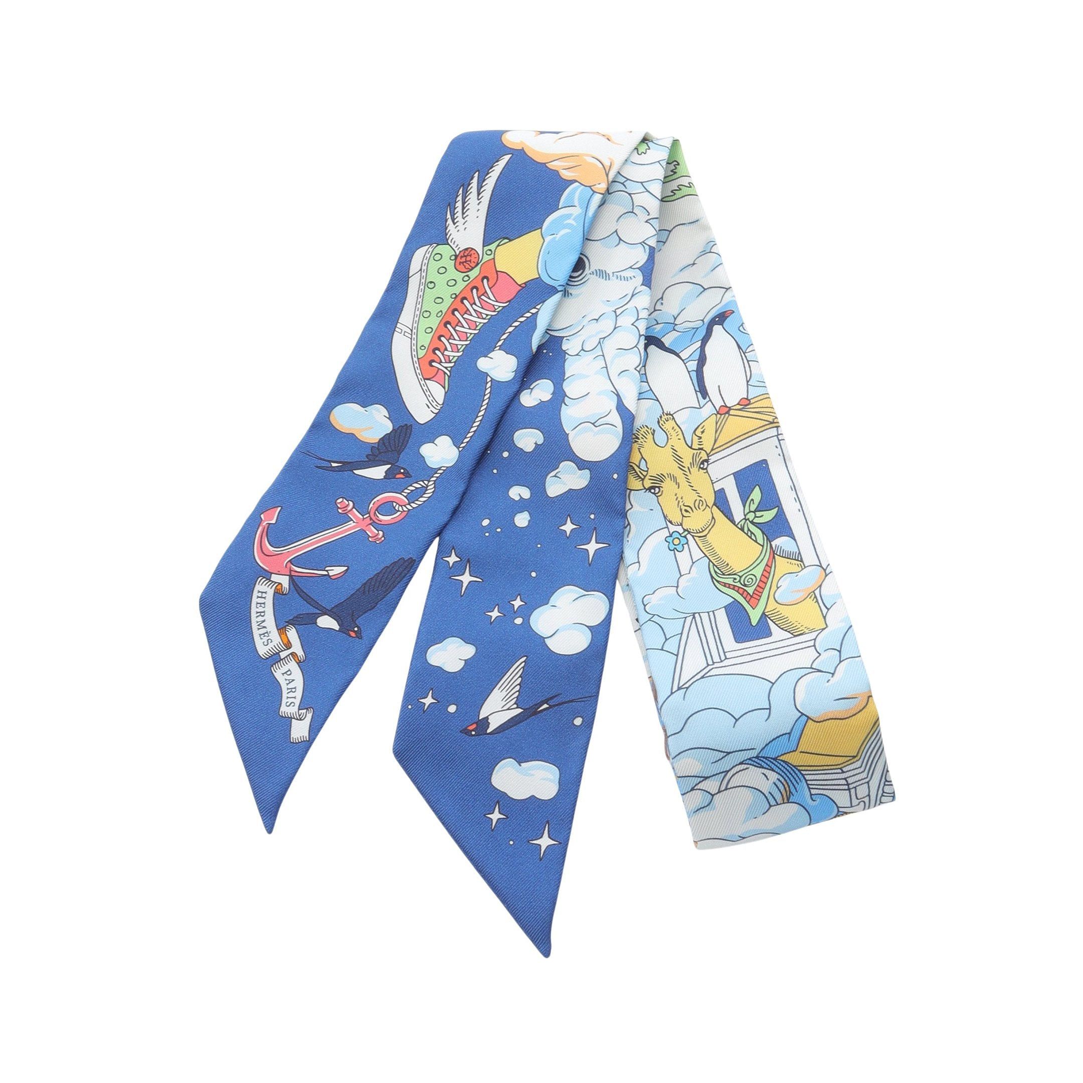 Hermes Twilly Sur Mon Nuage Ribbon Scarf Silk Dark Blue Multicolor
