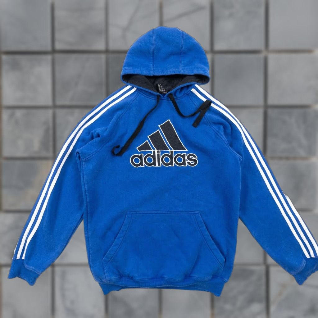 VINTAGE Adidas Hoodie Pullover Adult Medium Blue Fleece Stripes