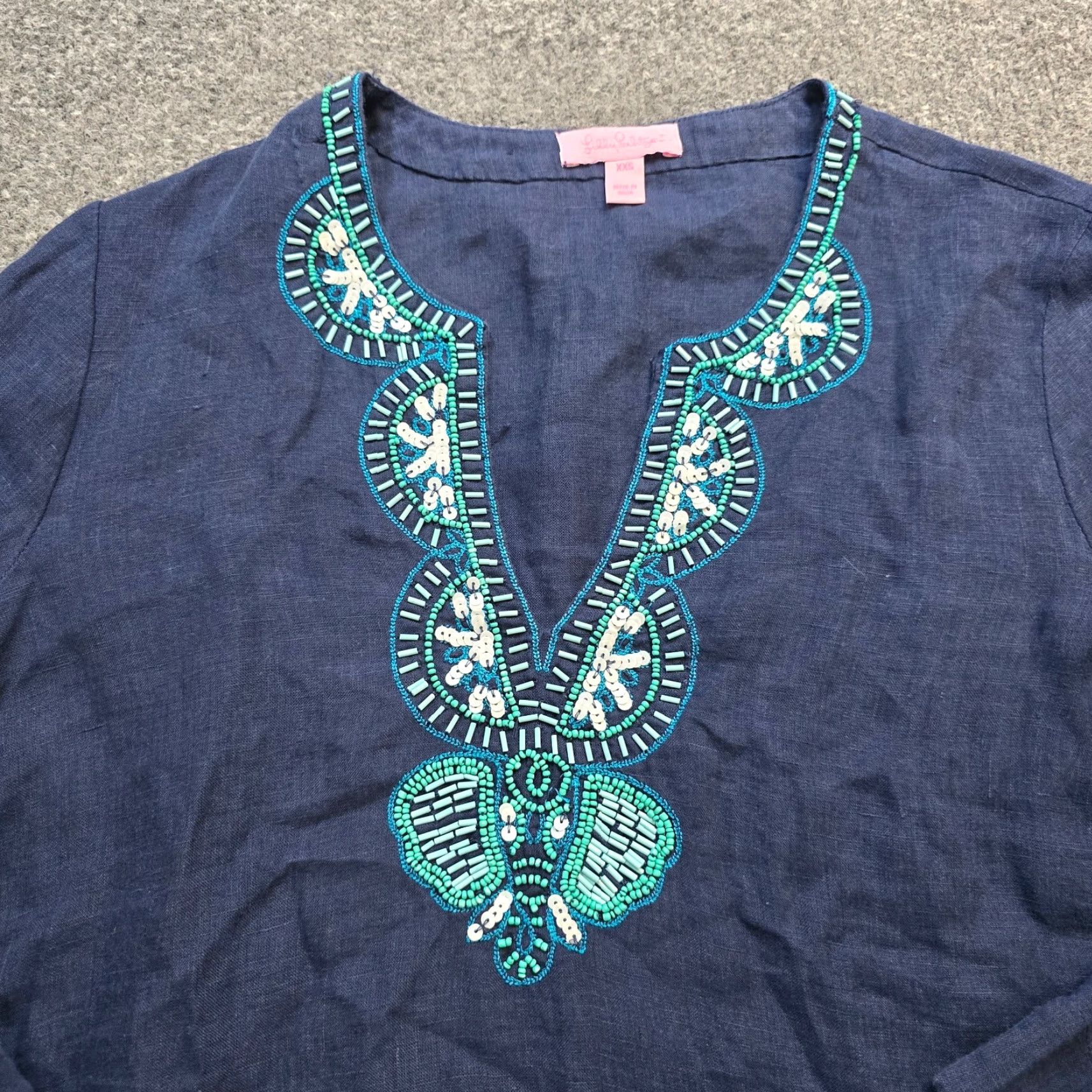 Lilly Pulitzer Lilly Pulitzer Top Womens XXS Blue Linen Beaded Shirt Preppy Beachy V-Neck Pullover Casual Long Sleeve Size XXS / US 00 / IT 34 - 2 Thumbnail
