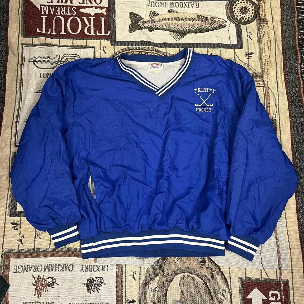 Designer Vintage 90s Blue and White Trinity Hockey v-neck Pullover Size US XL / EU 56 / 4 - 1 Thumbnail