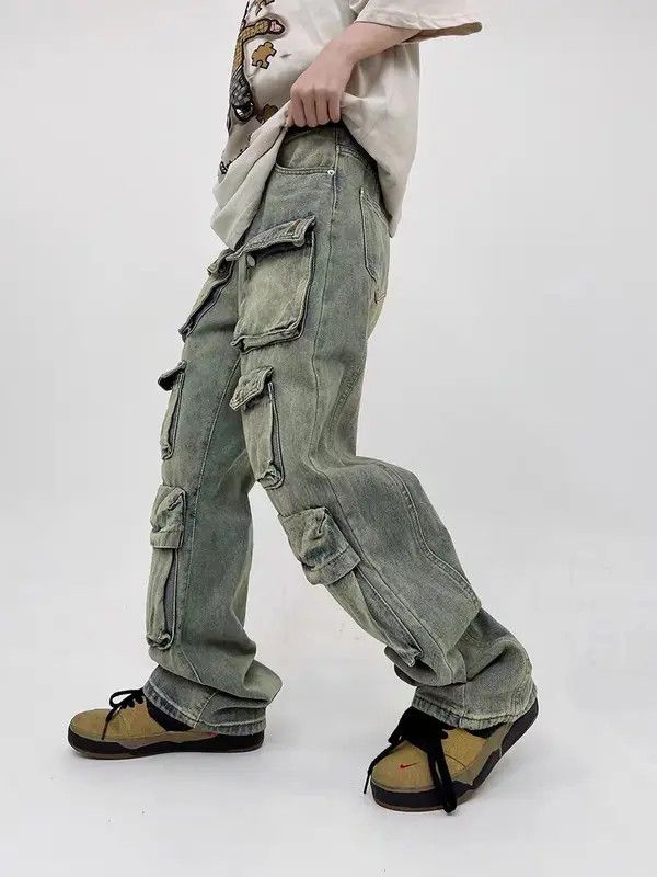 VIBE Retro yellow mud-dyed washed distressed multi-pocket jeans Size US 32 / EU 48 - 3 Thumbnail
