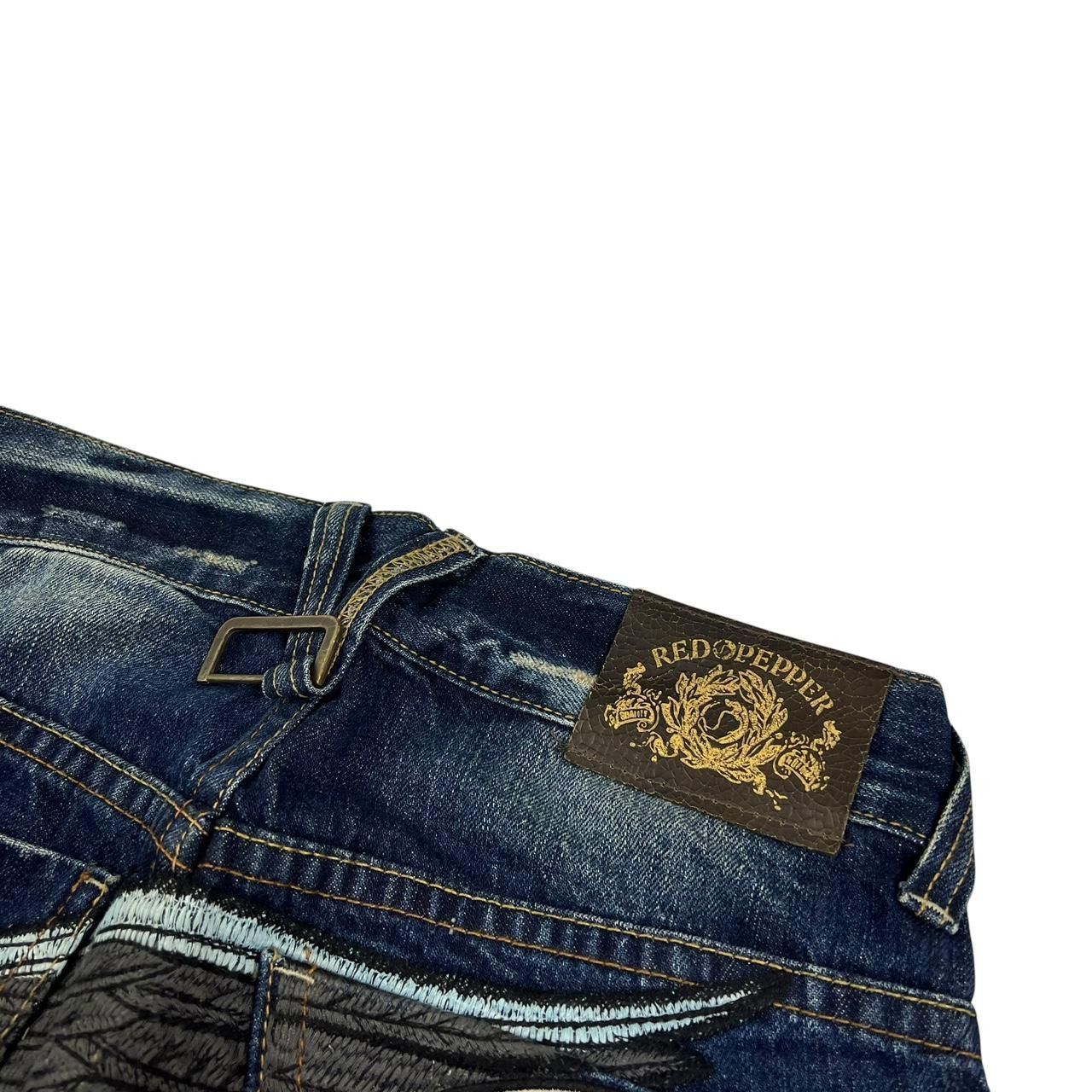 Japanese Brand Vintage Red Pepper Embroidered Skull Jeans - Waist 29 Size US 29 - 5 Thumbnail