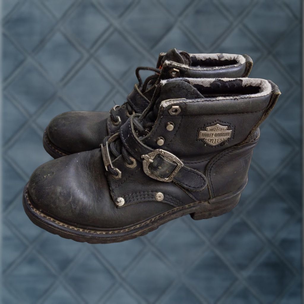 Harley Davidson Harley-Davidson Boots Mens 7.5 Black Leather Lace Up Biker Rubber Outsole Buckle Size US 8 / EU 41 - 1 Thumbnail