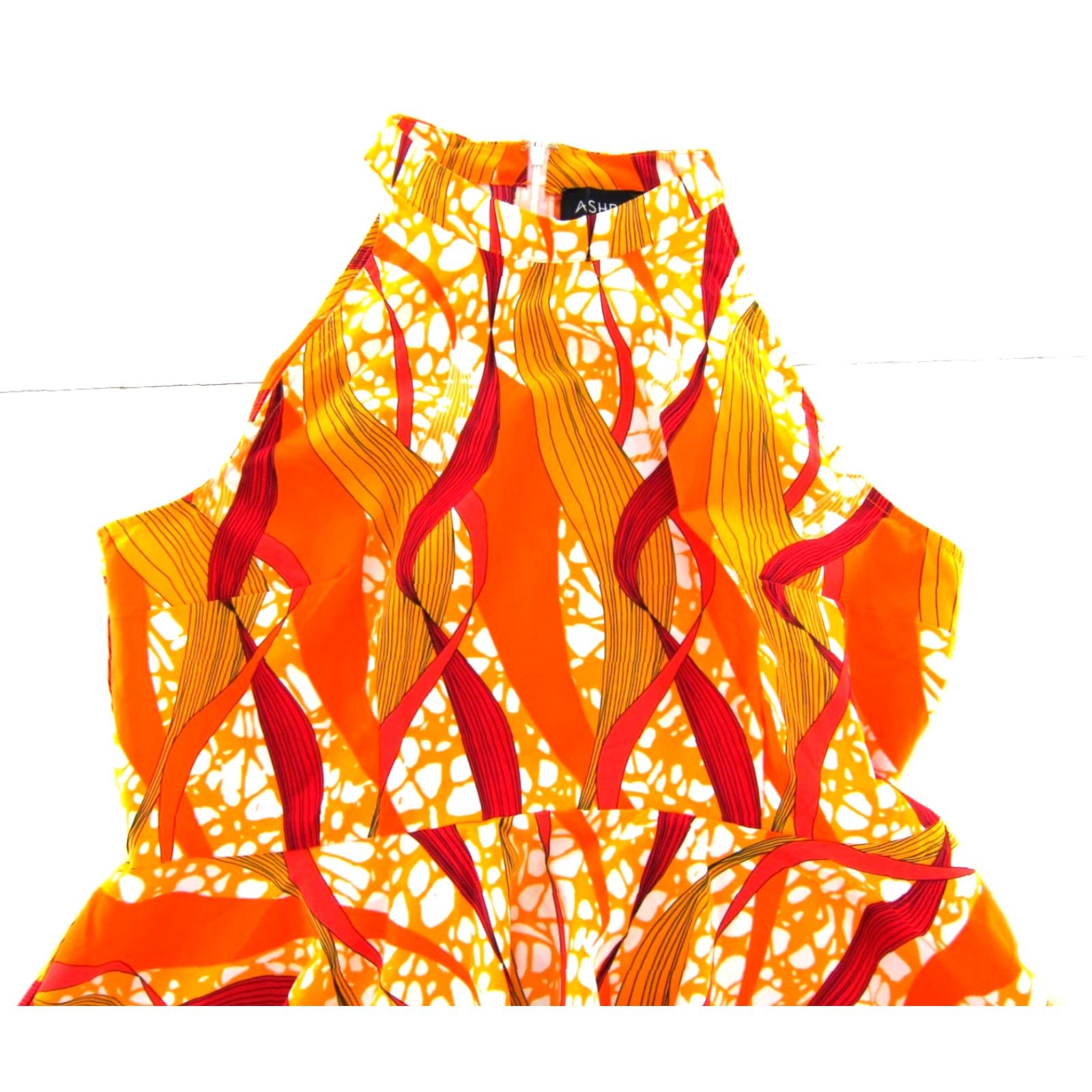 Vintage ASHRO Blouse Orange Yellow White Abstract High Neck Sleeveless High Low 14 Size XL / US 12-14 / IT 48-50 - 4 Thumbnail