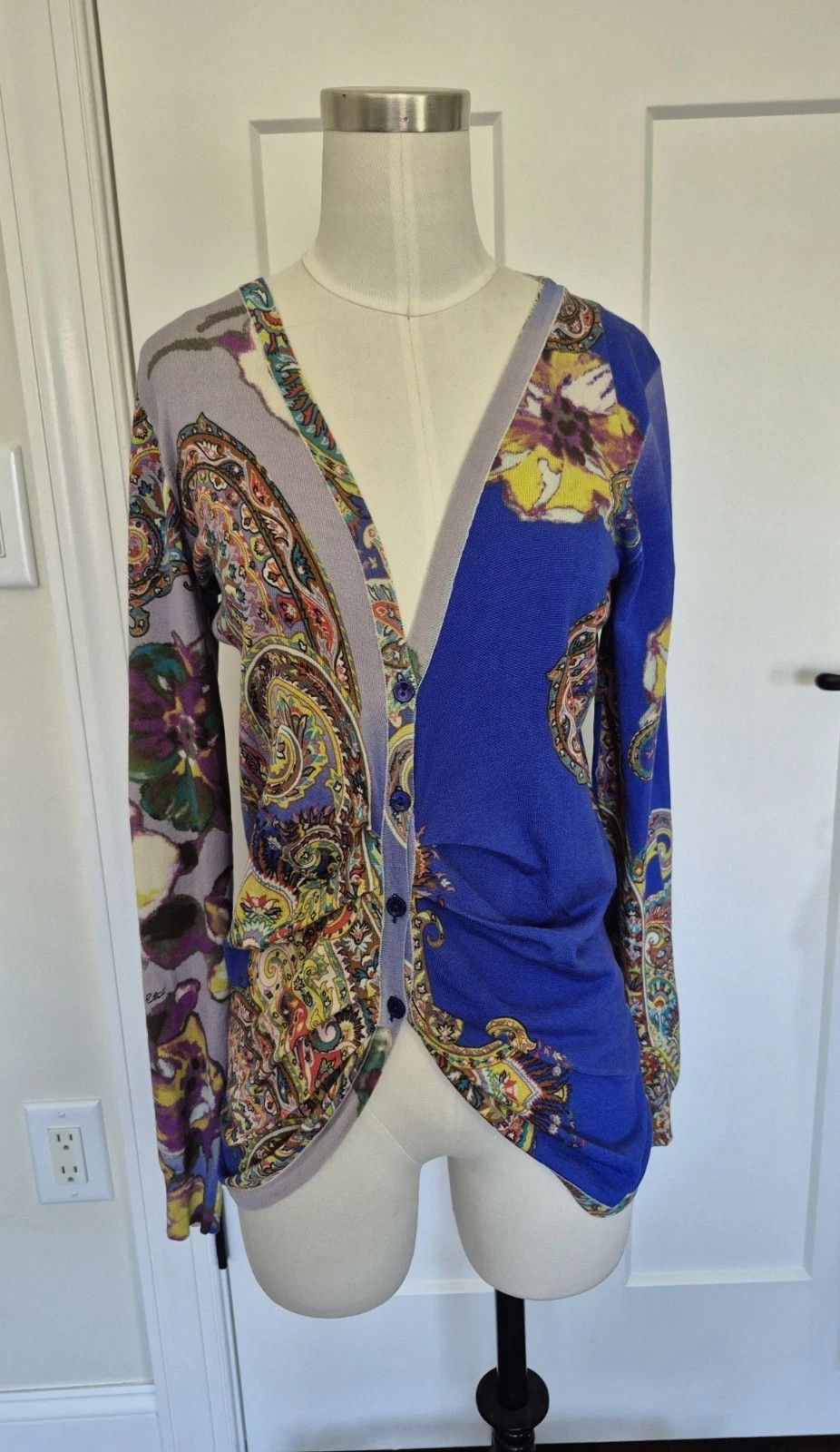 Etro Cardigan Blue Paisley Silk Ruched Long Sleeve Colorful Gift Size S / US 4 / IT 40 - 2 Thumbnail
