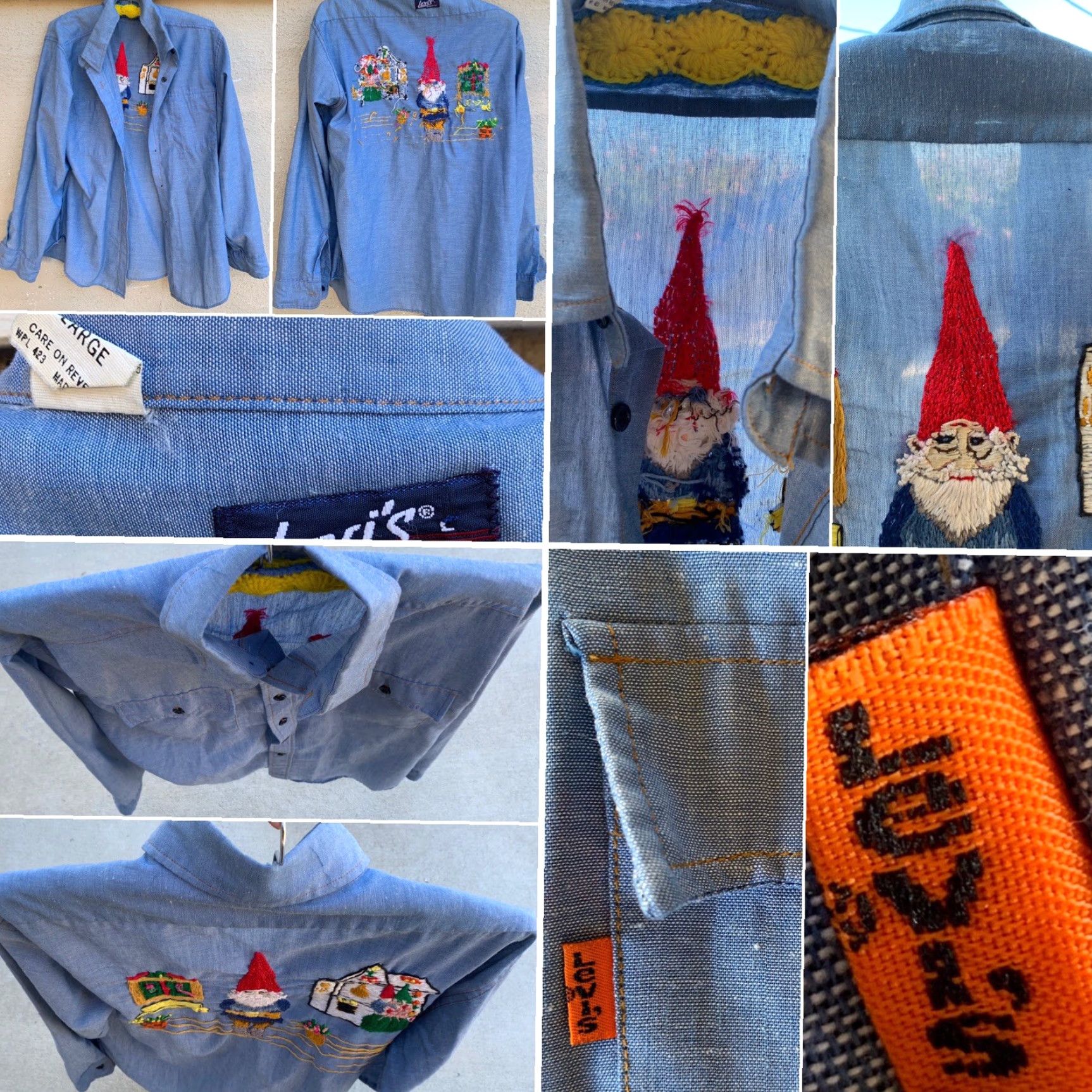 Vintage VINTAGE Levi’s Chambray Shirt Embroidered Gnome Gnomes Western Work Orange Tab L Shirt Men’s 1970s Blue PolyCotton Long Sleeve Slim Fit Casual Mens Size US L / EU 52-54 / 3 - 4 Thumbnail