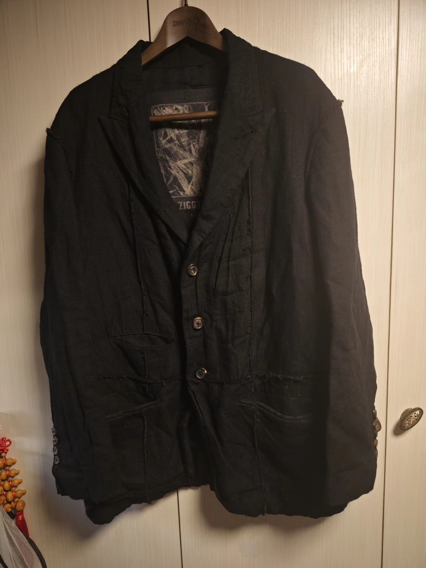 Ziggy Chen Ziggy Chen Black Distressed Shearling Suit Blazer Size 48S - 1 Thumbnail