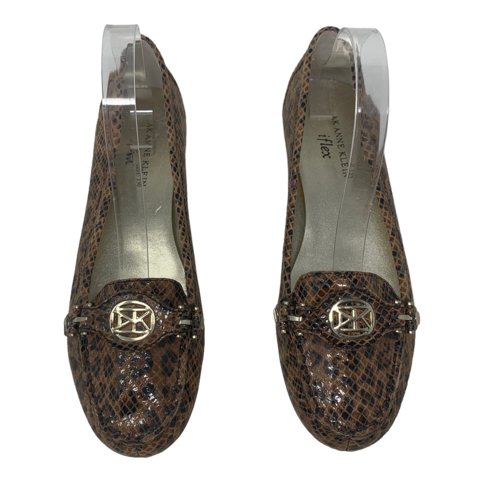 Anne Klein Snake Print Leather Flat Loafers Shoes Size 7.5 in Brown, Women's