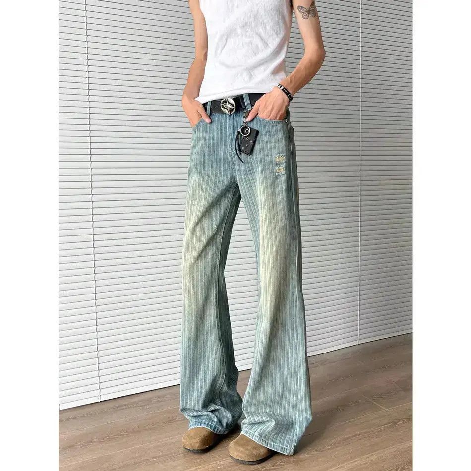 Japanese Brand Retro loose washed striped wide leg jeans Size US 32 / EU 48 - 2 Thumbnail