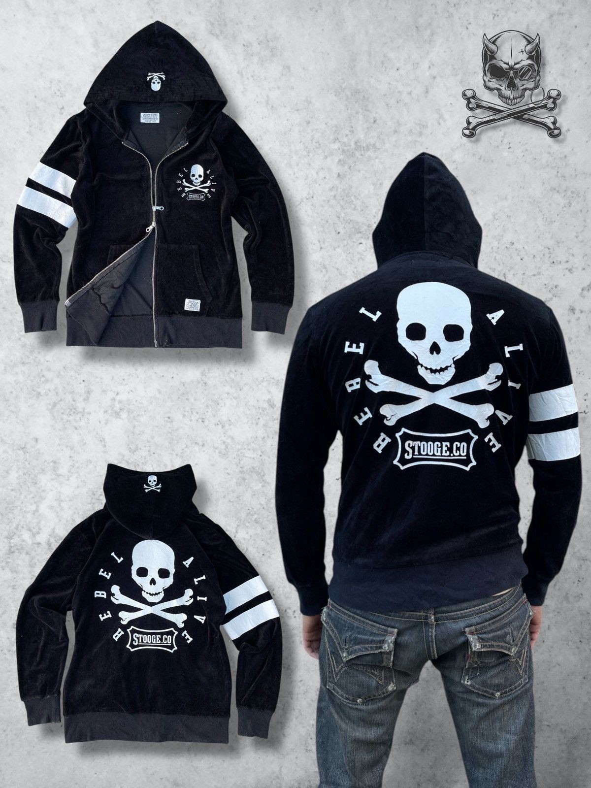 Affliction × Japanese Brand STOOGE CO MEN'S EMBROIDERED SKULL SWEATER HOODIE Size US M / EU 48-50 / 2 - 1 Thumbnail