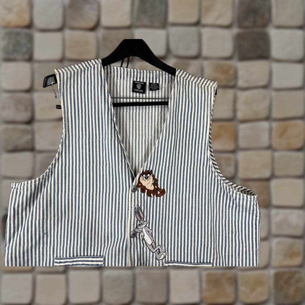 Vintage VINTAGE Warner Bros. Denim Vest Womens 2XL Blue White Striped Taz & Tweety 1996 Casual Vest Womens 2XL Blue White Striped Cartoon 90s Mens/ Womens Size XXL / US 16-18 / IT 52-54 - 1 Thumbnail