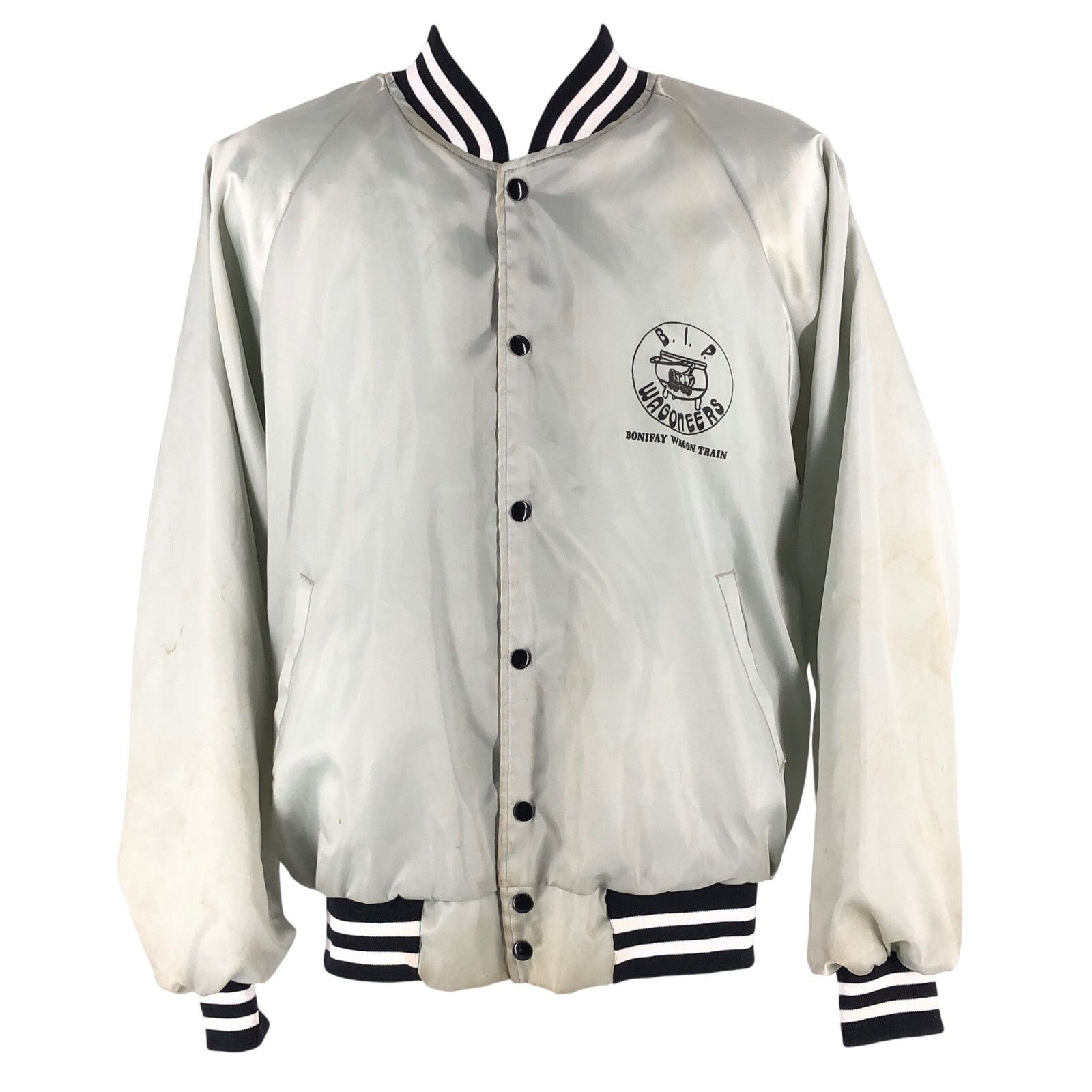 Vintage 80s silver satin bomber jacket Bonifay Wagon Train vintage Size US XL / EU 56 / 4 - 1 Thumbnail