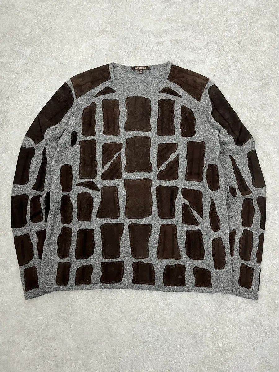 Roberto Cavalli 2010s Roberto Cavalli Grey & Brown Skeleton Relief Sweater Size US L / EU 52-54 / 3 - 1 Thumbnail