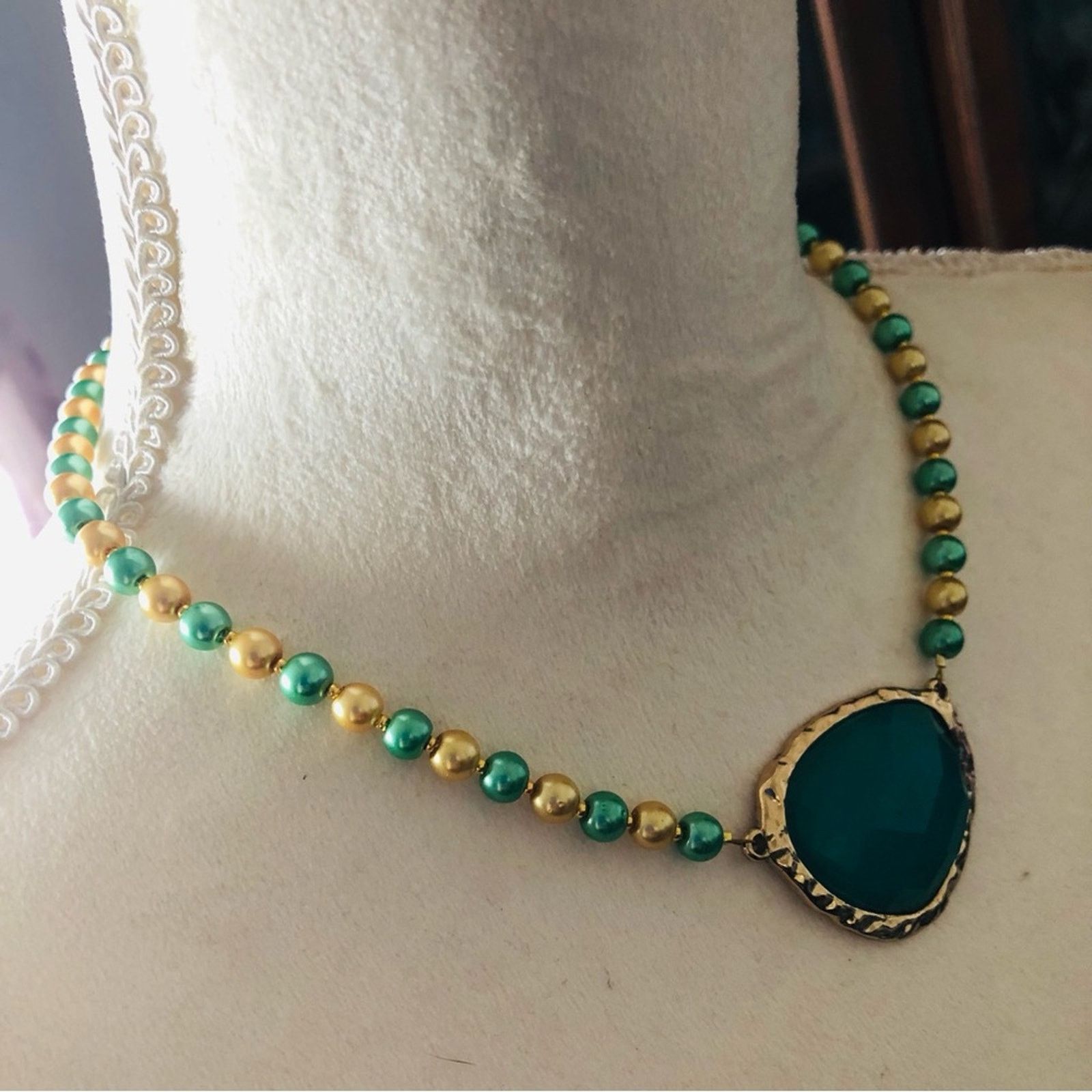 Handmade Handcrafted repurpose teal green dome glass Pearl necklace Size ONE SIZE - 3 Thumbnail