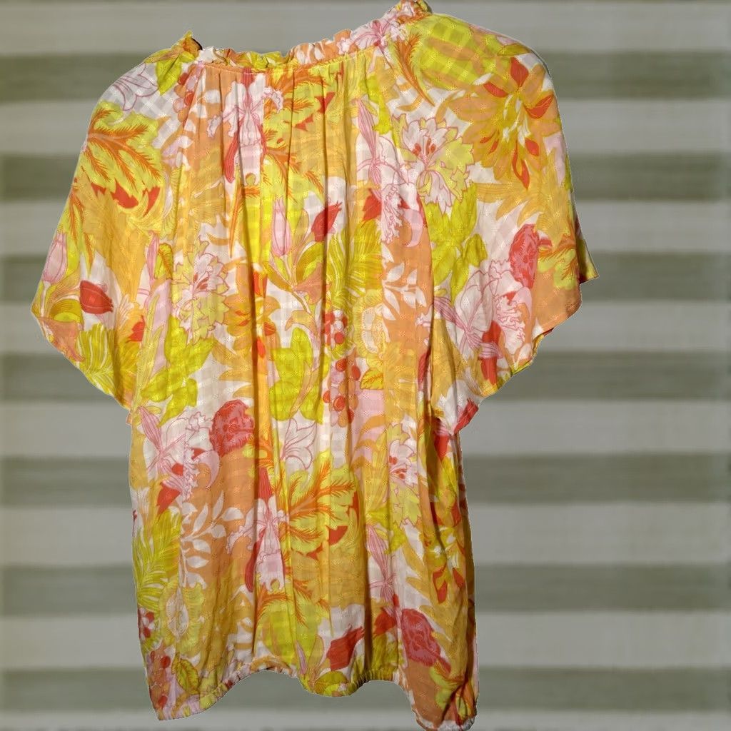 Vintage Jane + Delancey Blouse XL Short Sleeve Peasant Floral Yellow Orange V-Neck Boho Beachy Casual Womens Size XL / US 12-14 / IT 48-50 - 1 Thumbnail