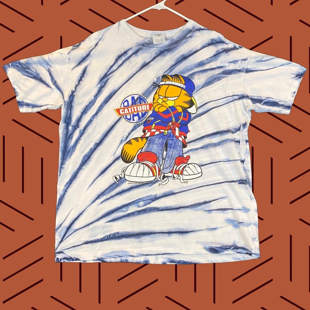 VINTAGE Garfield Shirt Men XL OSFM Blue White Tie Dye Bad Catitude Tee Short Sleeve 1978