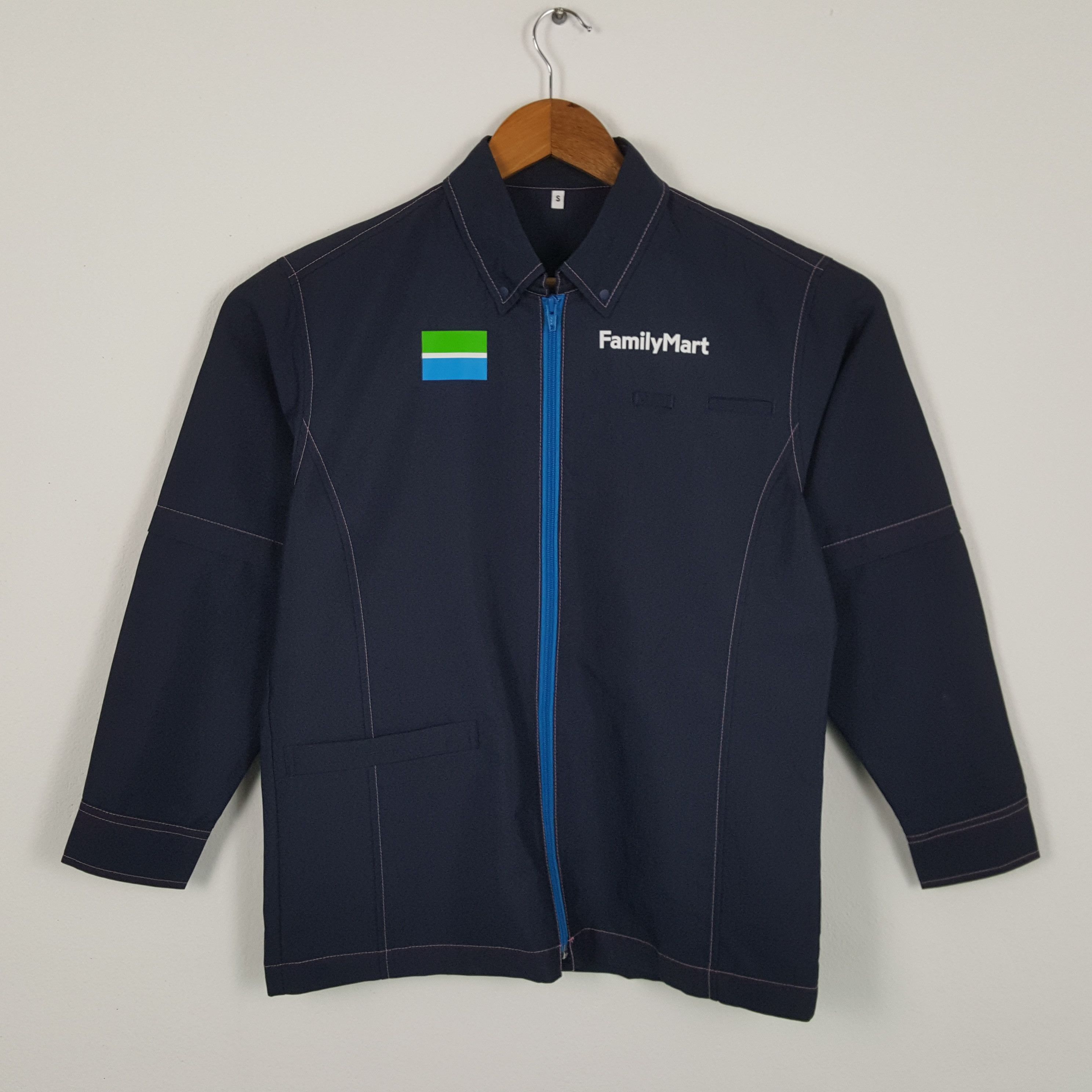 image of Vintage Family Mark Japanese Uniform Workers Jacket in Blue Black, Men's (Size Small)