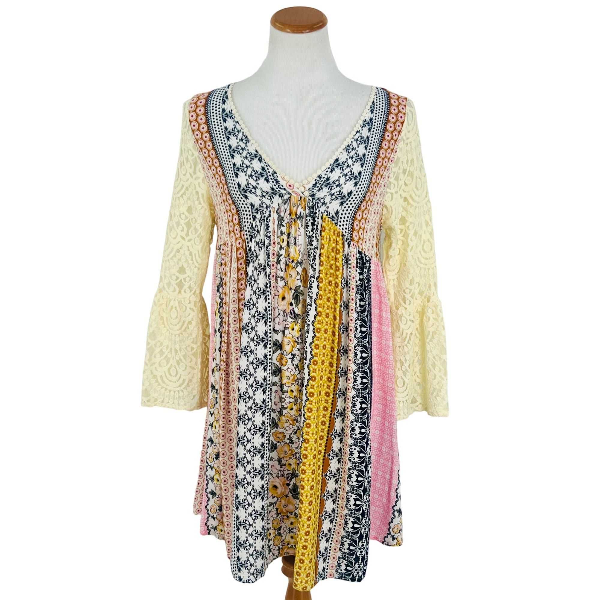 Other Mixed Print Lace Bell Sleeve Mini Dress | Boho Coastal Cowgi Size S / US 4 / IT 40 - 2 Thumbnail