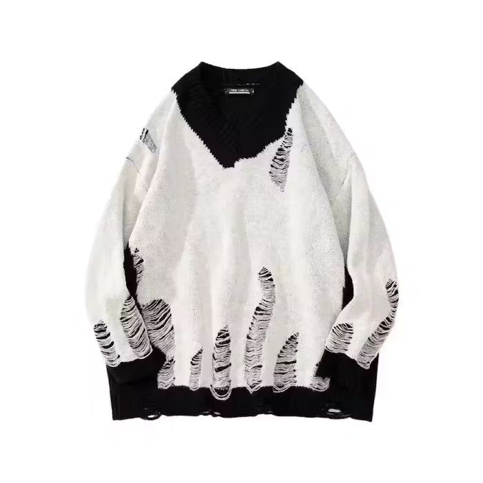 image of Vintage Grunge Distressed Punk Knit Sweater in White, Men's (Size Large)