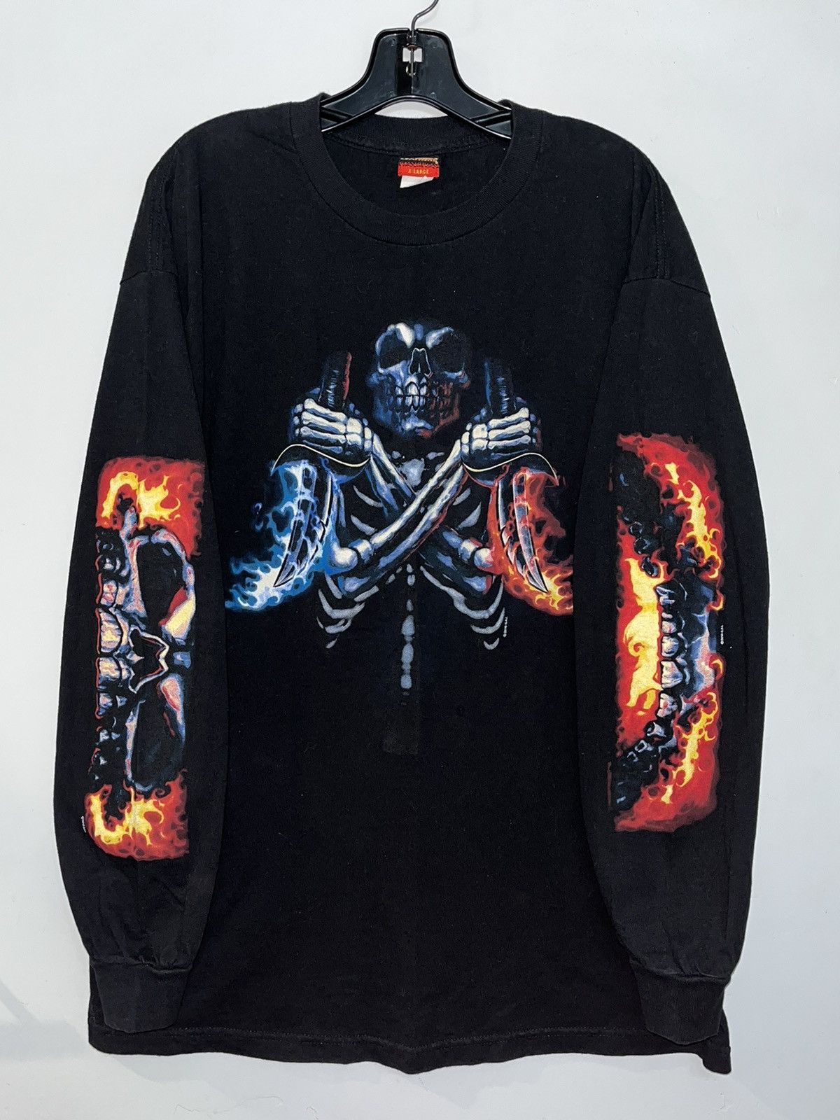 image of Unsound Rags x Vintage Crazy Baggy Vintage Y2K Skulls Skeleton Flames Grunge Shirt in Black (Size X