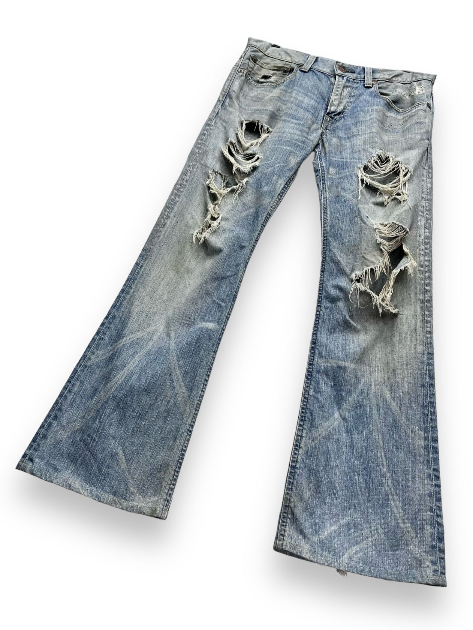 Edwin FYE🔥EDWIN BLUE TRIP Ripped Thrashed Blow Out Flared Denim Size US 31 - 7 Thumbnail