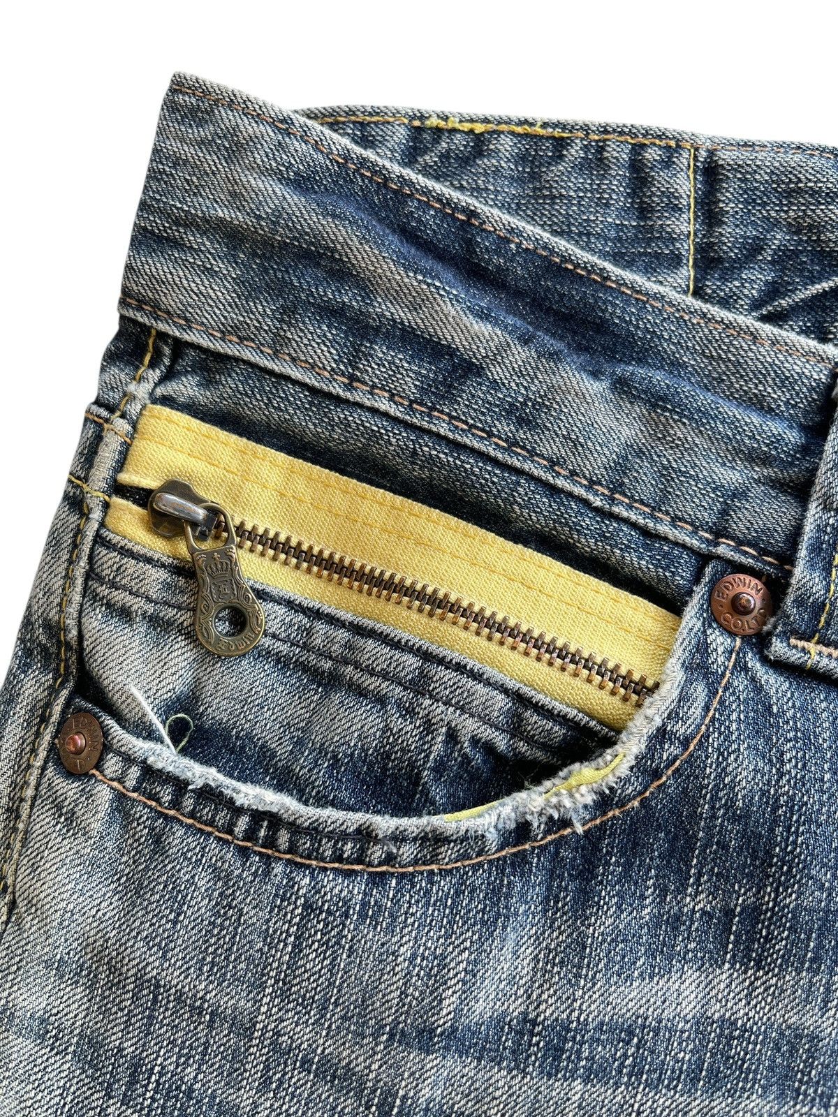 Japanese Brand Vintage Edwin 504 Blue Trip Flare Distressed Denim Size US 32 / EU 48 - 8 Thumbnail
