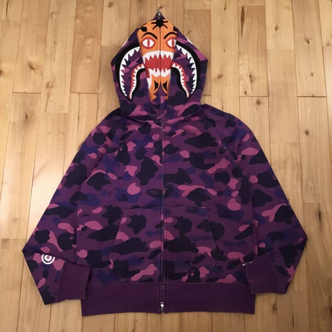 BAPE Double tiger shark full zip hoodie purple camo APE