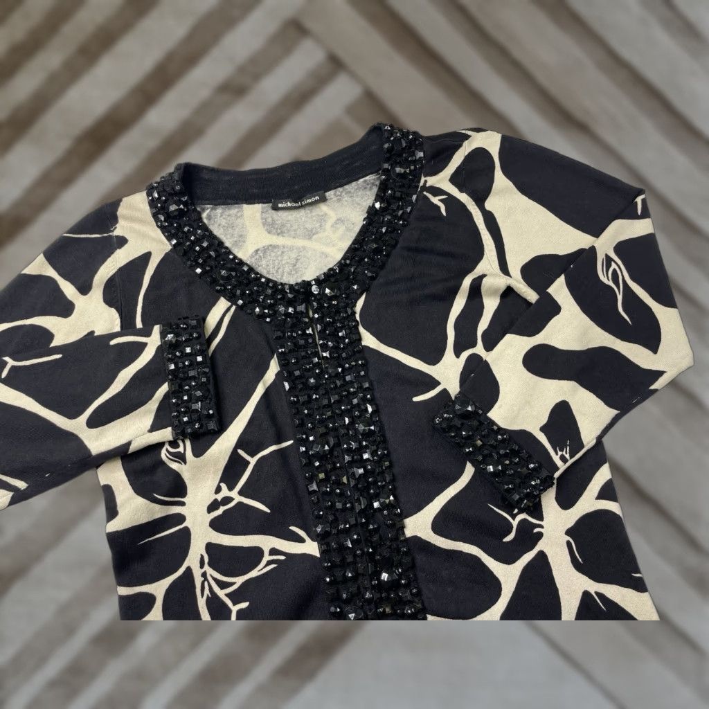 Vintage Michael Simon Silk Blend Beaded Sweater Cardigan Ivory/Black Size Small Size S / US 4 / IT 40 - 1 Thumbnail