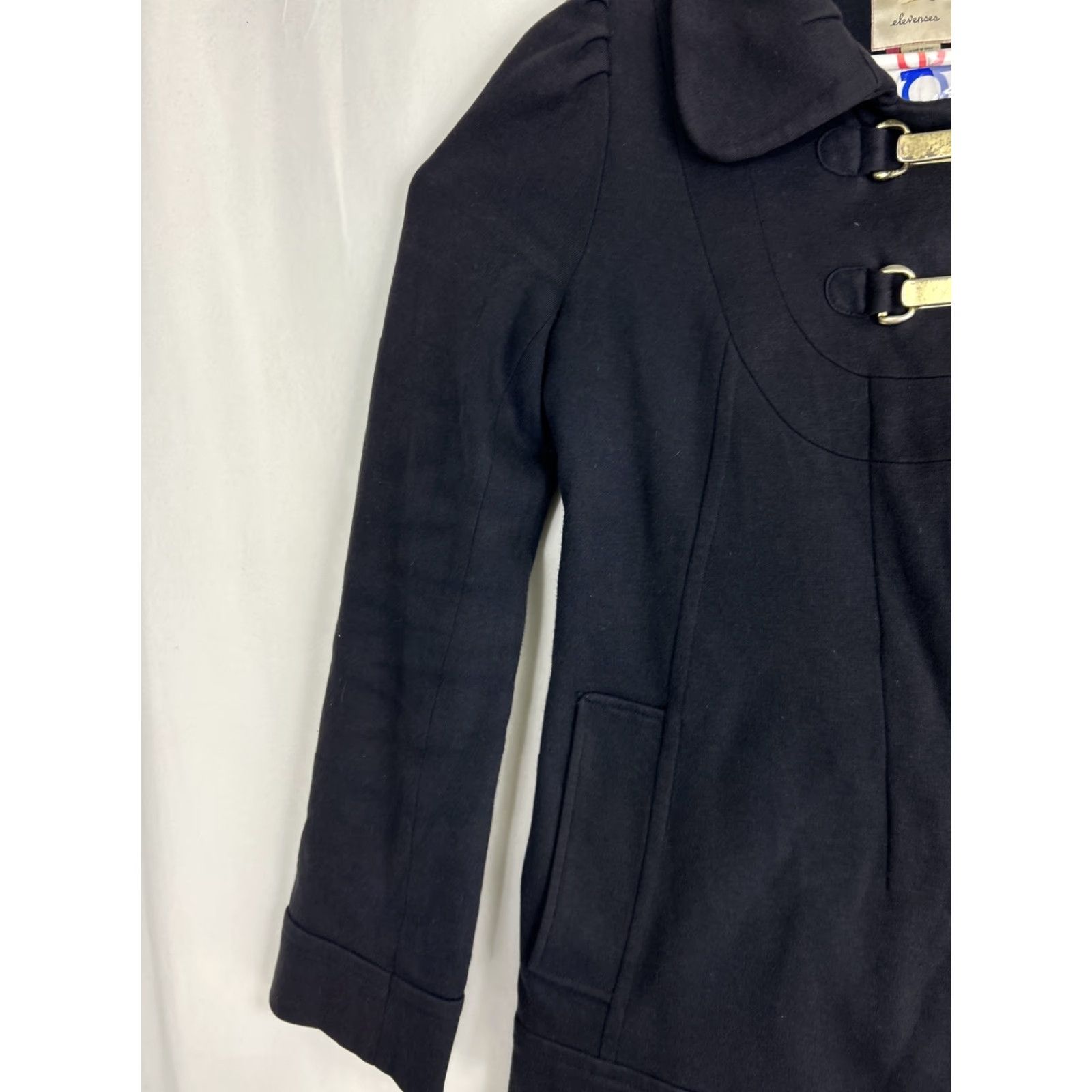 Anthropologie VINTAGE Elevenses Navy Pea Coat Coat Women 6 Cotton Wool Blend Double Clasp Hidden Button Blue 90s Mens? Size M / US 6-8 / IT 42-44 - 2 Thumbnail