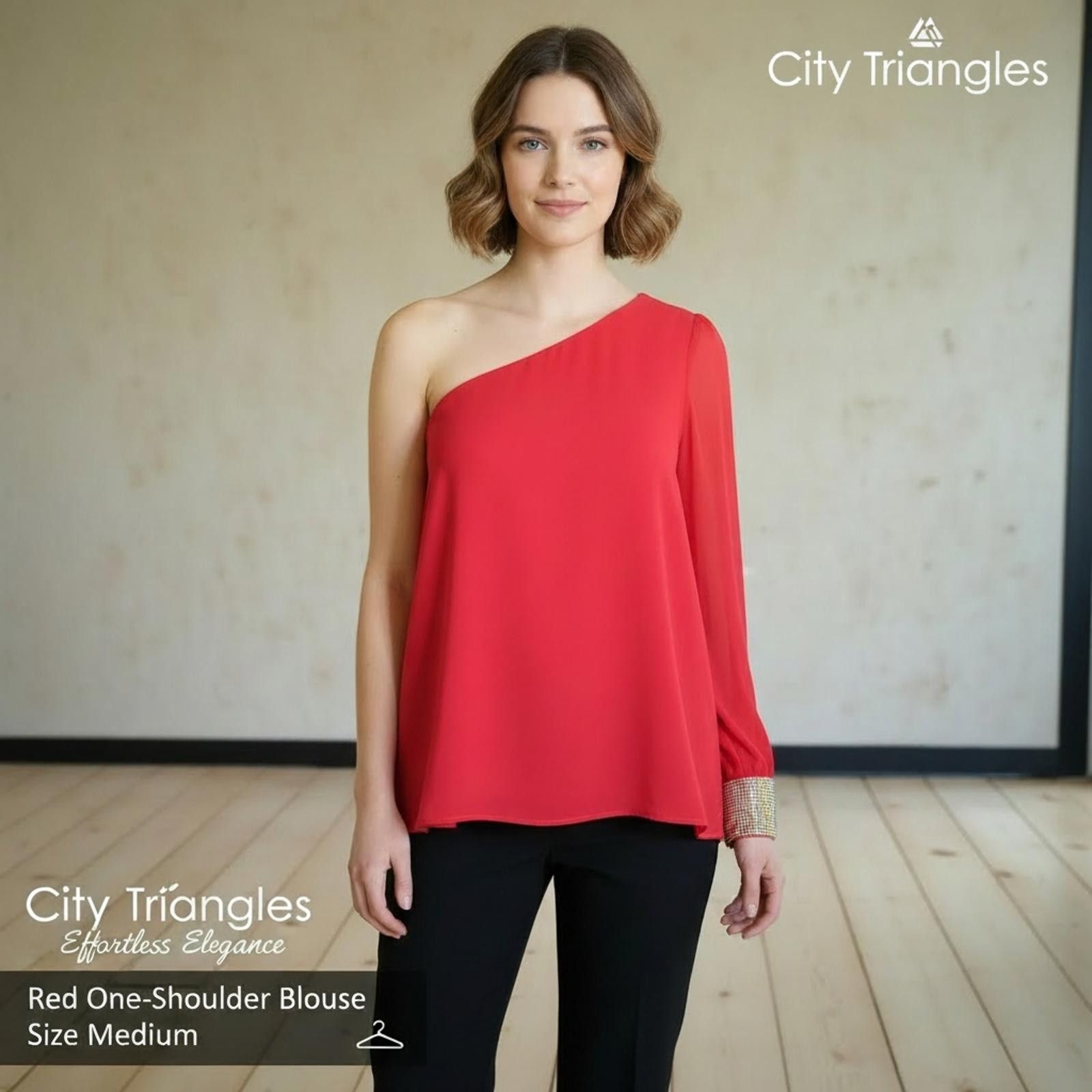 Other City Triangles Red One-Shoulder Blouse with Embellished Cuff Size M / US 6-8 / IT 42-44 - 2 Thumbnail