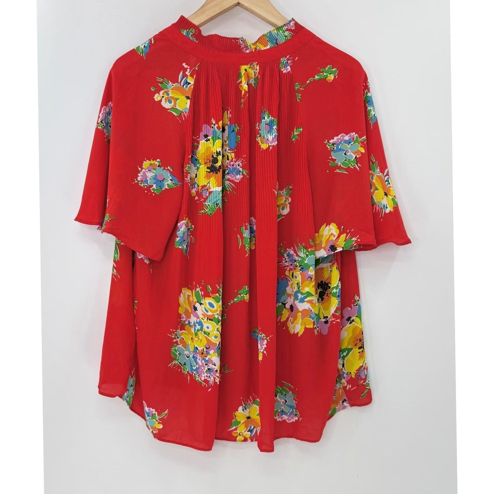 Ralph Lauren Lauren Ralph Lauren Blouse Size XL Red Floral Pleated Chiffon V Neck Preppy Boho Size XL / US 12-14 / IT 48-50 - 2 Thumbnail