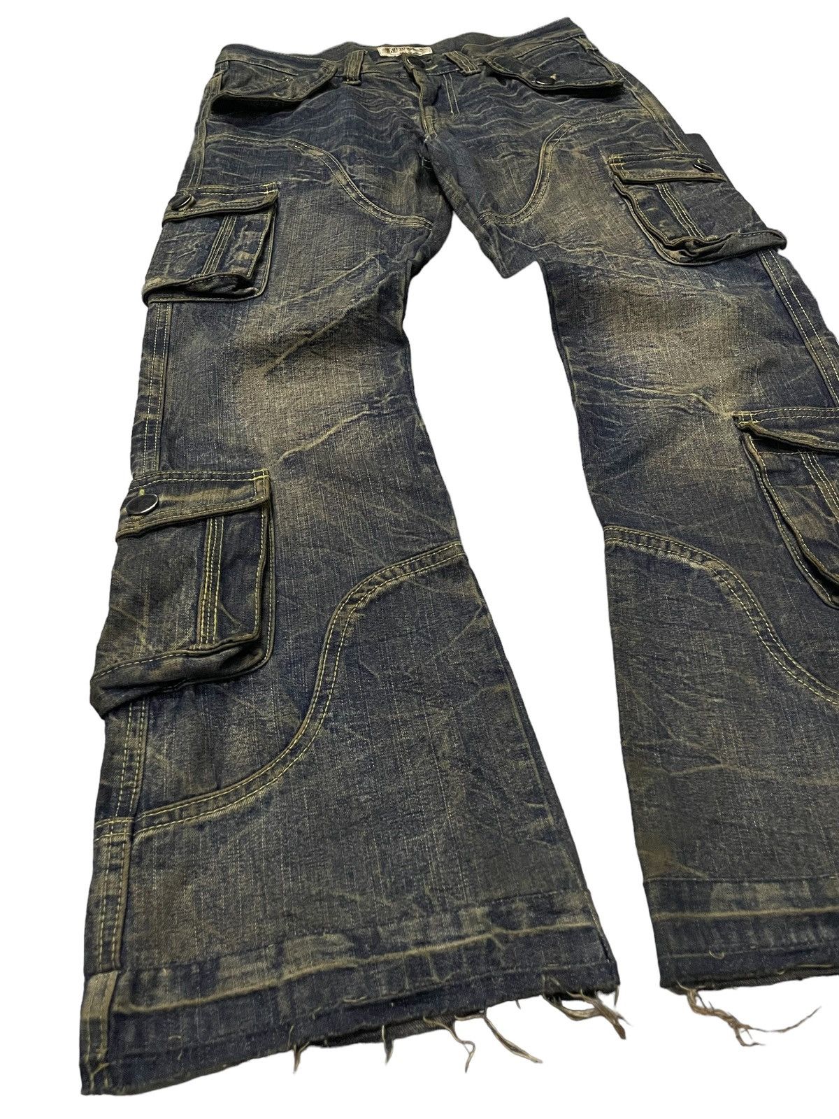 If Six Was Nine × LOWBOX × Le Grande Bleu (L.G.B.) Lowbox Japan Asymmetrical Mud Wash Flared Frayed Cargo Jeans Size US 30 / EU 46 - 6 Thumbnail