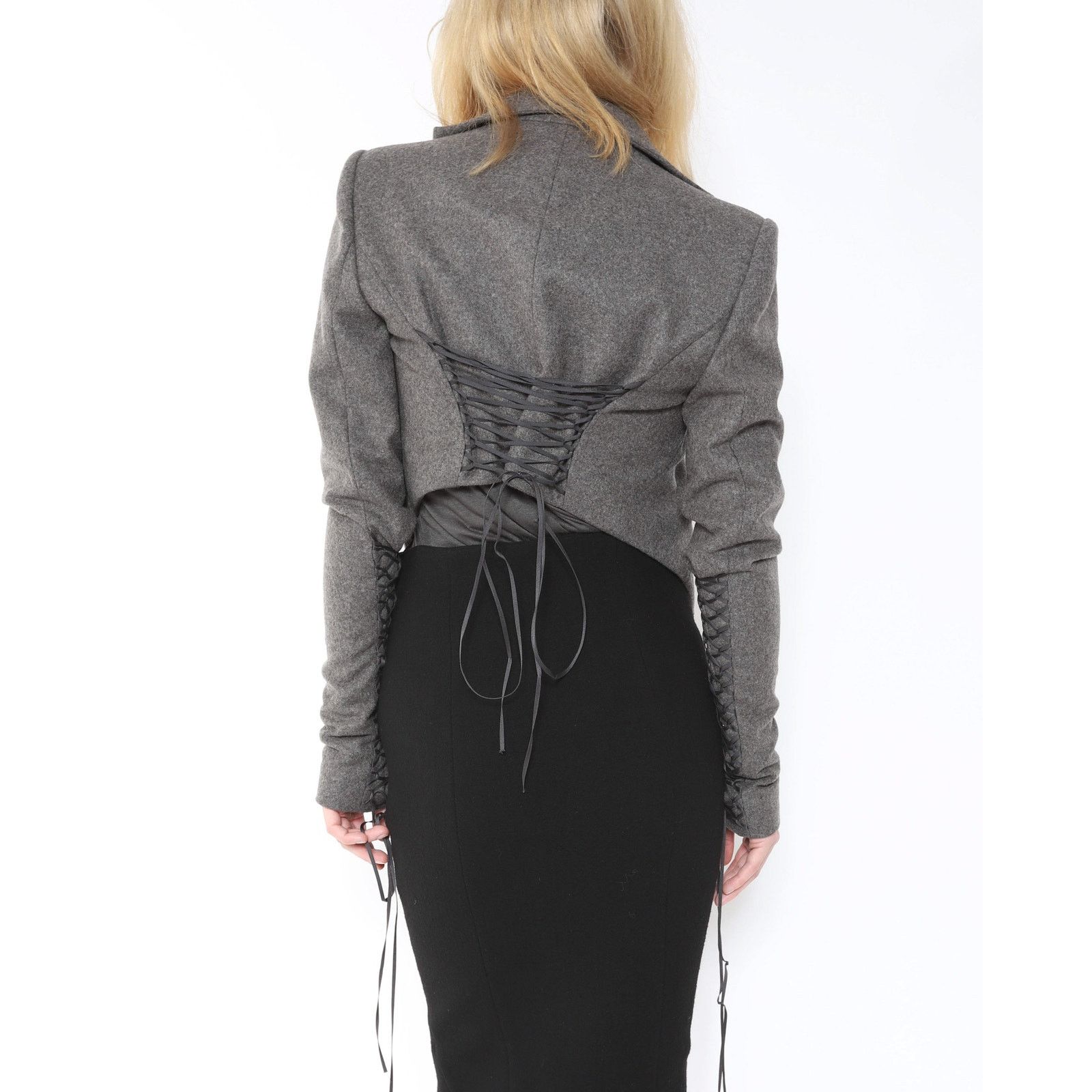 Haider Ackermann FW08 Cropped Jacket with Lacing Detail in Grey Wool Size XS / US 0-2 / IT 36-38 - 2 Thumbnail