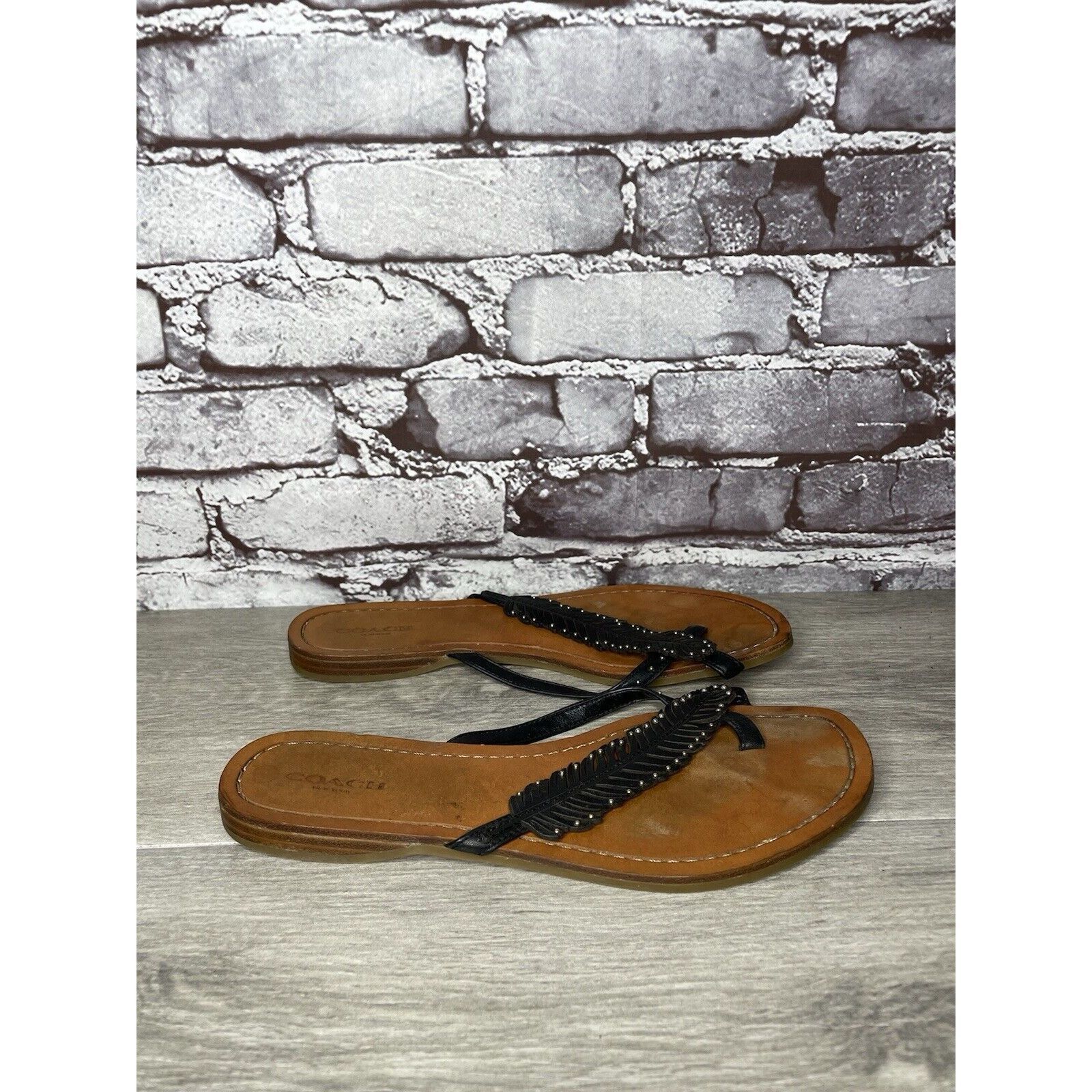 Coach Coach New York DENI Black Leather Feather Thong Flat Sandals Size US 8 / IT 38 - 13 Thumbnail