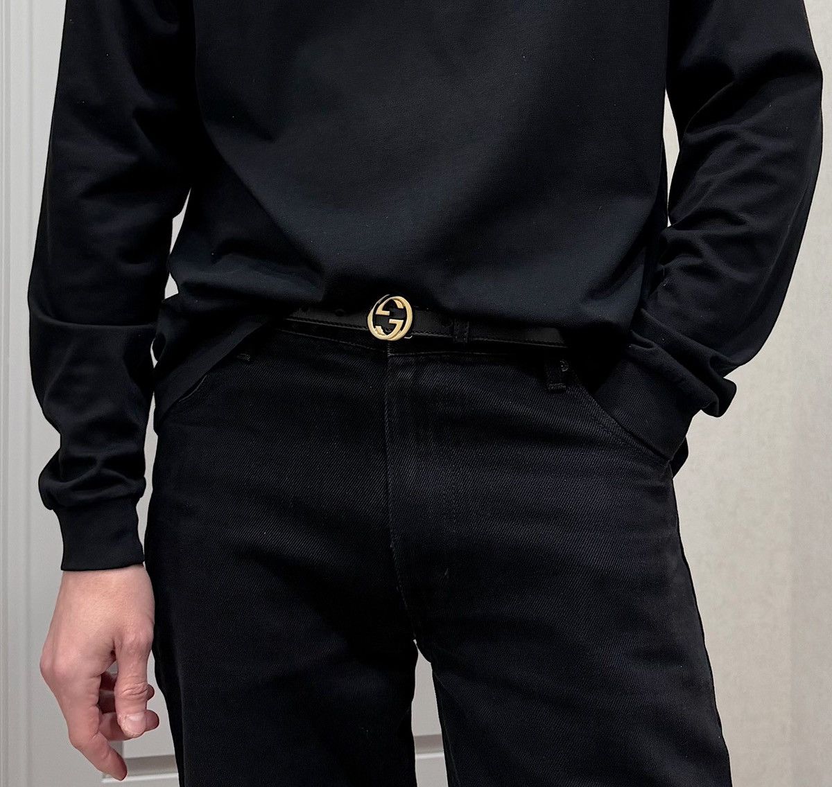 GUCCI Slim GG Buckle Leather Belt Black Demna Tom Ford