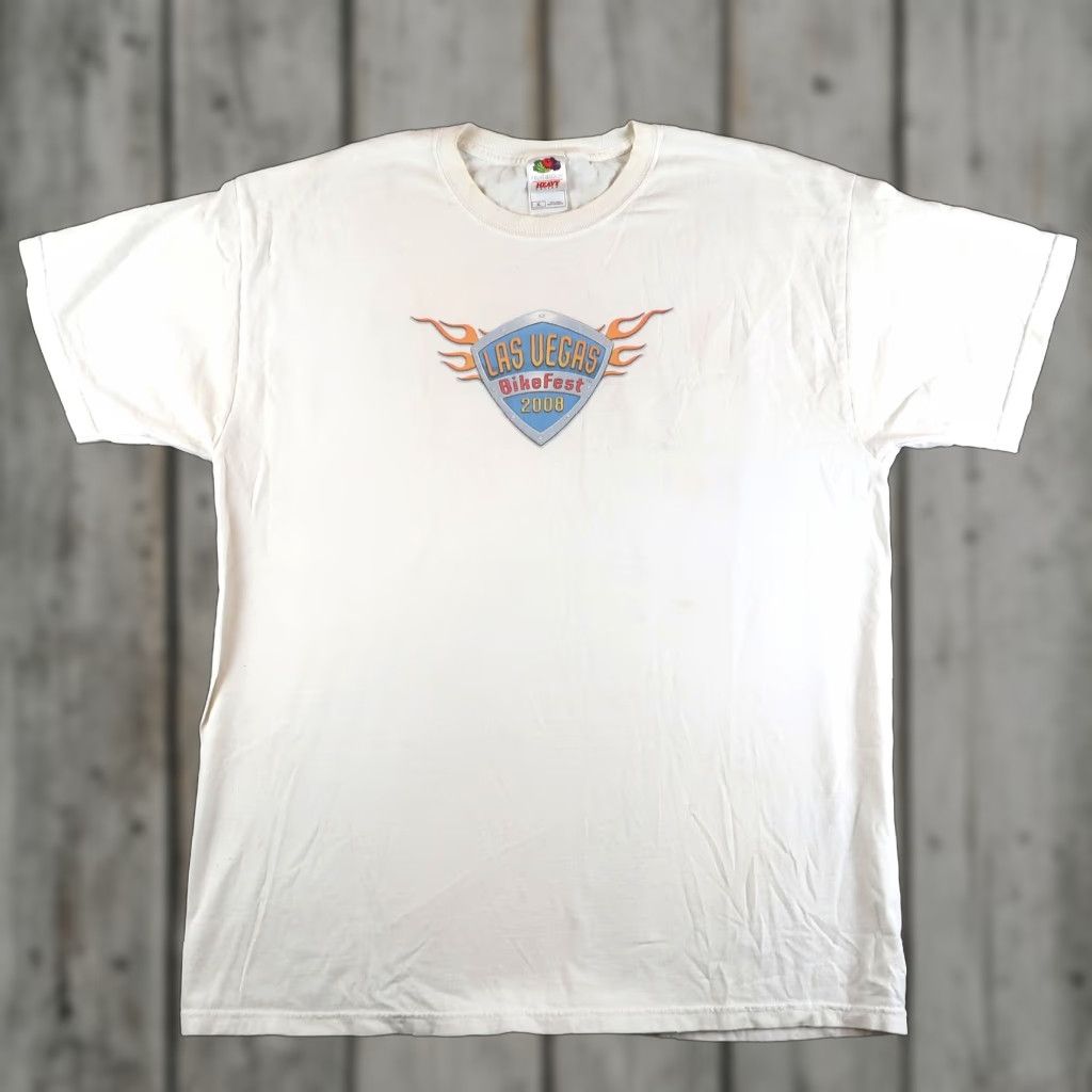 Fruit Of The Loom VINTAGE Las Vegas BikeFest T Shirt Mens XL White Cotton Graphic Print Motorcycle Event 2008 Hogs Heifers Shirt Mens XL Biker Event Vintage Size US XL / EU 56 / 4 - 1 Thumbnail
