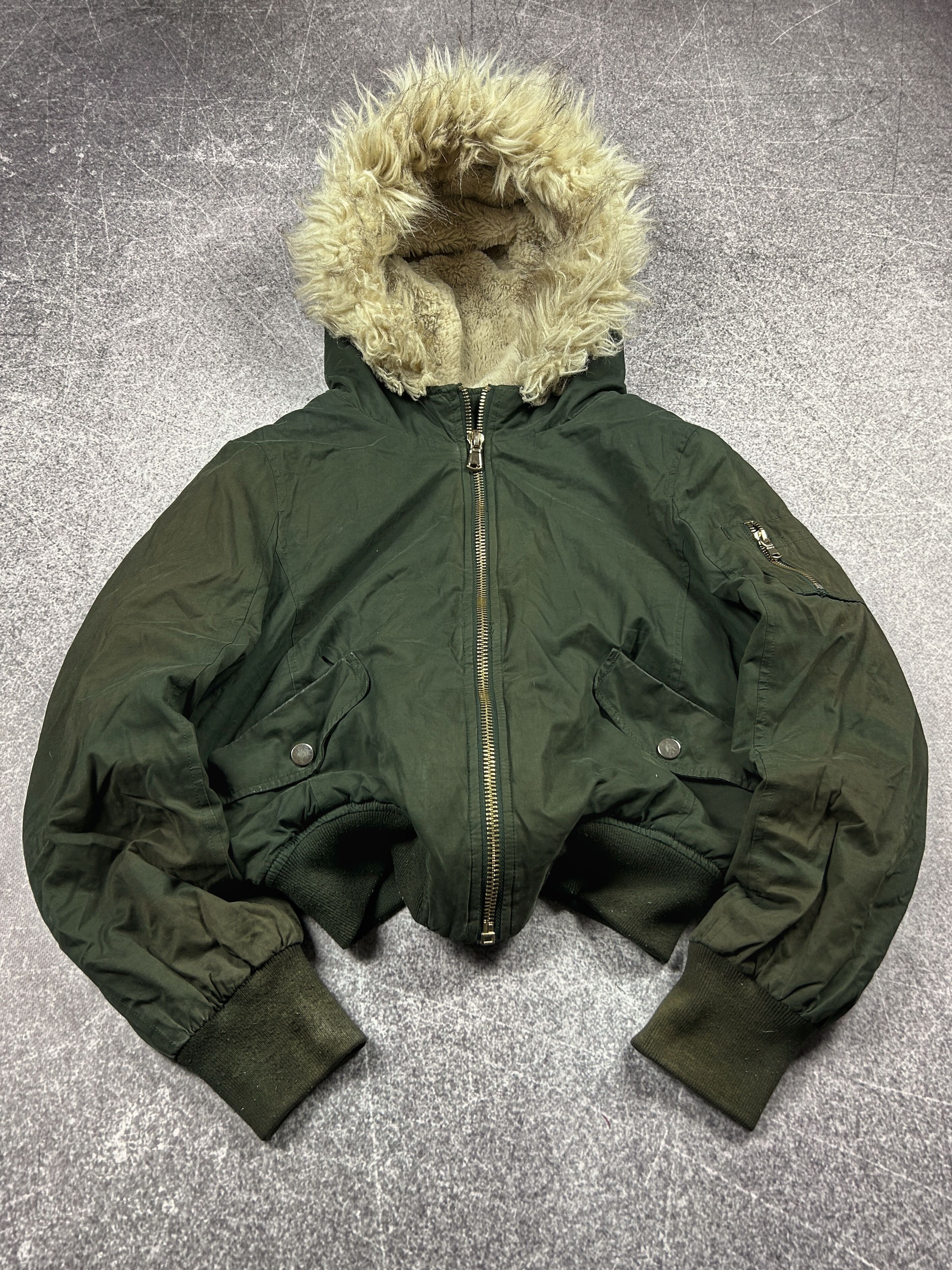 Vintage Fur Hood Cropped Bomber Parka Military Flight Jacket Y2K Size US M / EU 48-50 / 2 - 1 Thumbnail