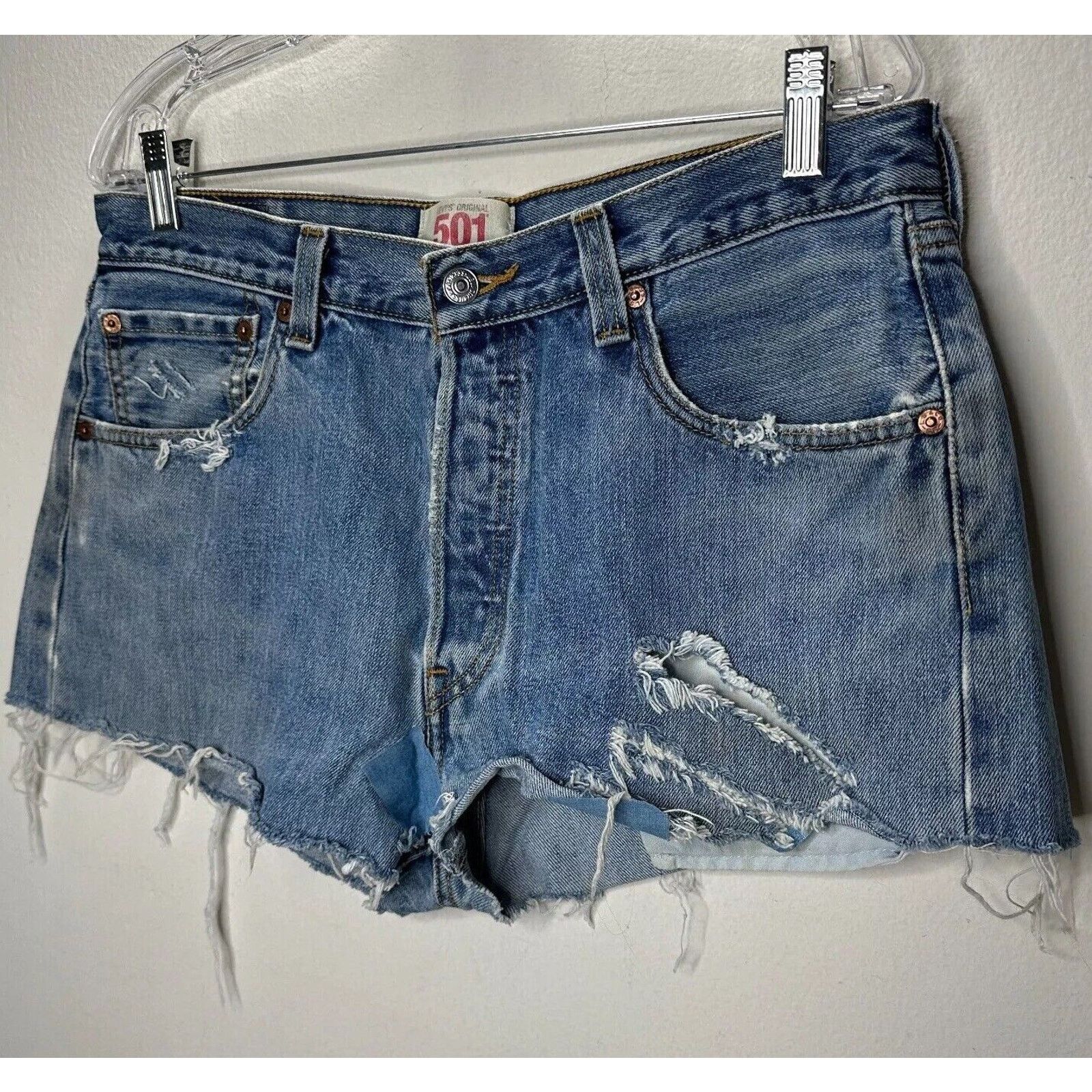 Levi's Levis 501 Med Blue Wash Button Fly Distress Raw Hem Short 34 Size 34" / US 12 / IT 48 - 2 Thumbnail