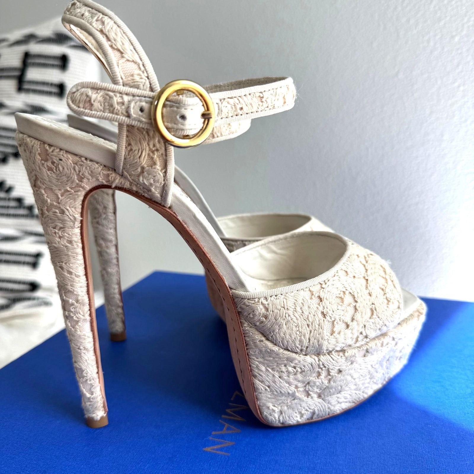 Alice + Olivia Alice + Olivia Lena Ivory Lace Ankle Strap Platform Heels Size US 8.5 / IT 38.5 - 1 Thumbnail
