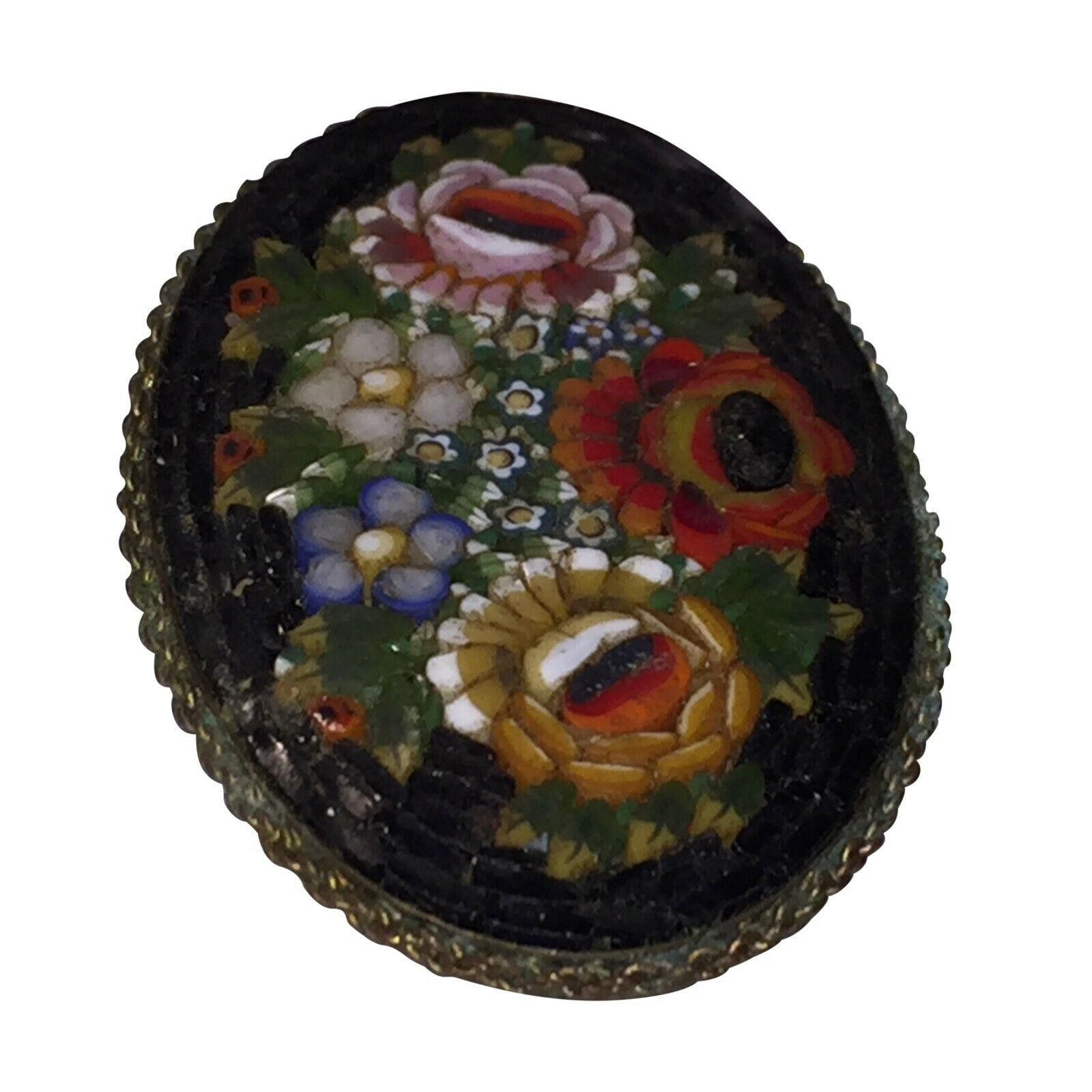 Designer Italian Black Floral Mosaic Souvenir Oval Pin Size ONE SIZE - 4 Thumbnail
