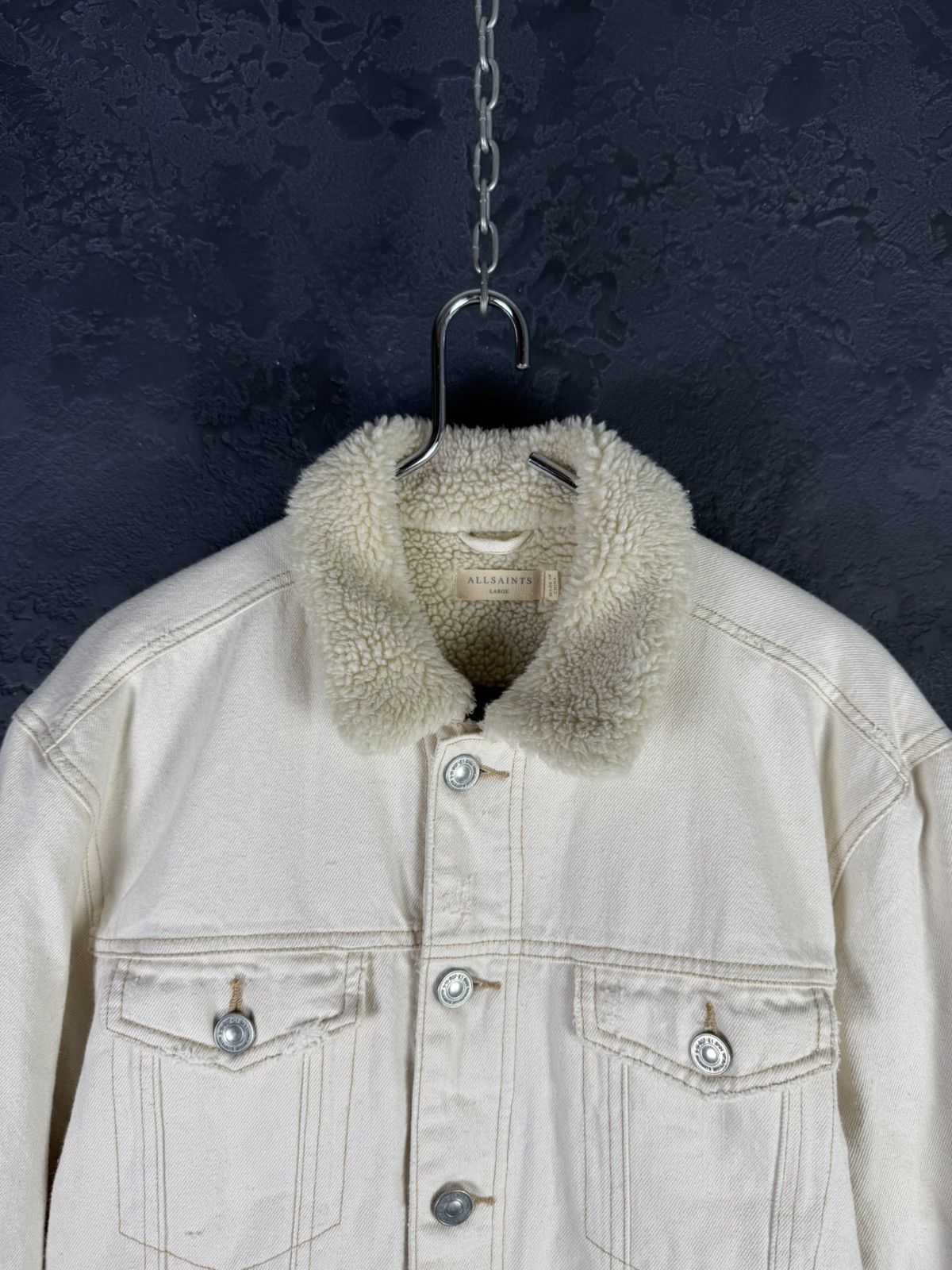 Allsaints AllSaints Mens Cream Cotton Sherpa Lined Denim Jacket Size US L / EU 52-54 / 3 - 6 Thumbnail