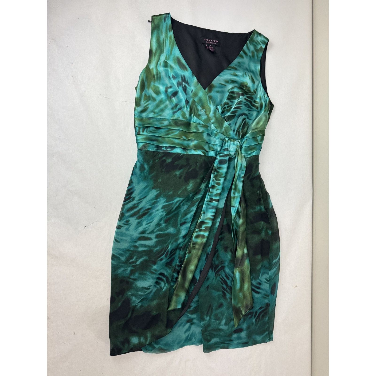 Other 100% Silk Teal Sleeveless Abstract Print Dress Faux-Wrap 8 Size M / US 6-8 / IT 42-44 - 3 Thumbnail