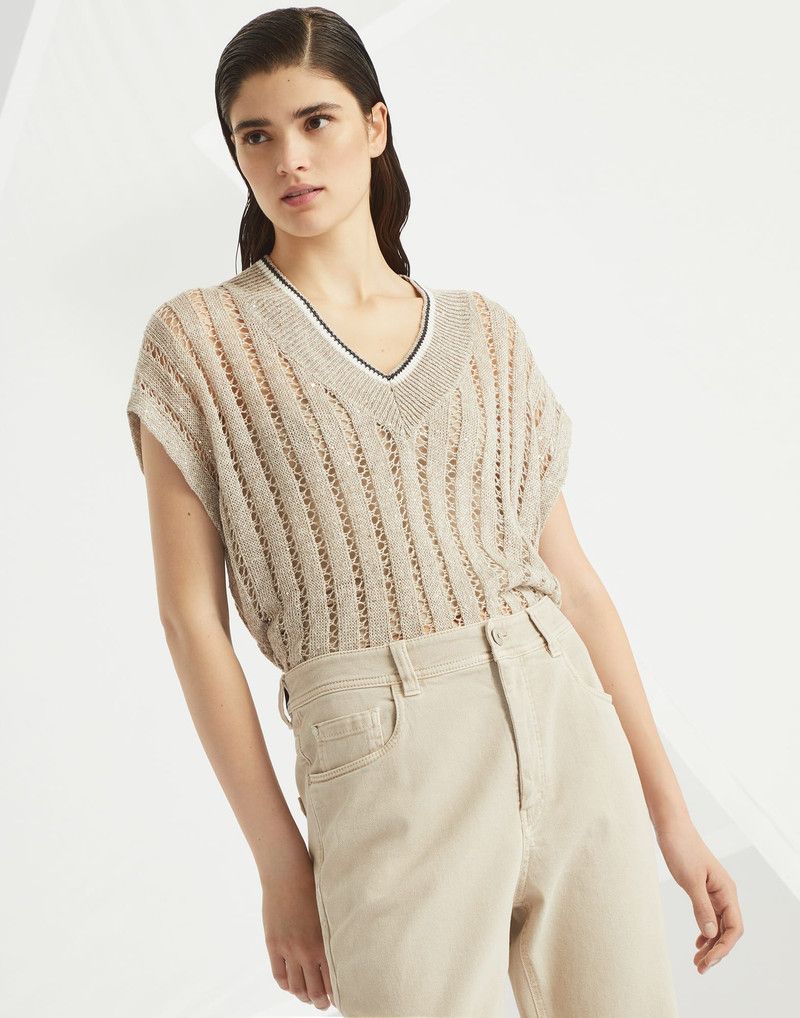 Brunello Cucinelli o1la1rc1a0326 Knitted Vest in Beige Size M / US 6-8 / IT 42-44 - 4 Thumbnail