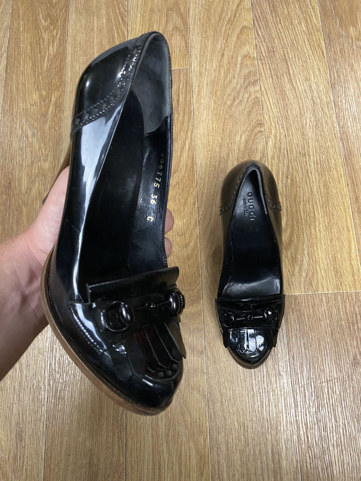 Gucci × Vintage Gucci Black Brogue Patent Leather Fringe Detail Loafer Pumps Size US 6 / IT 36 - 1 Thumbnail
