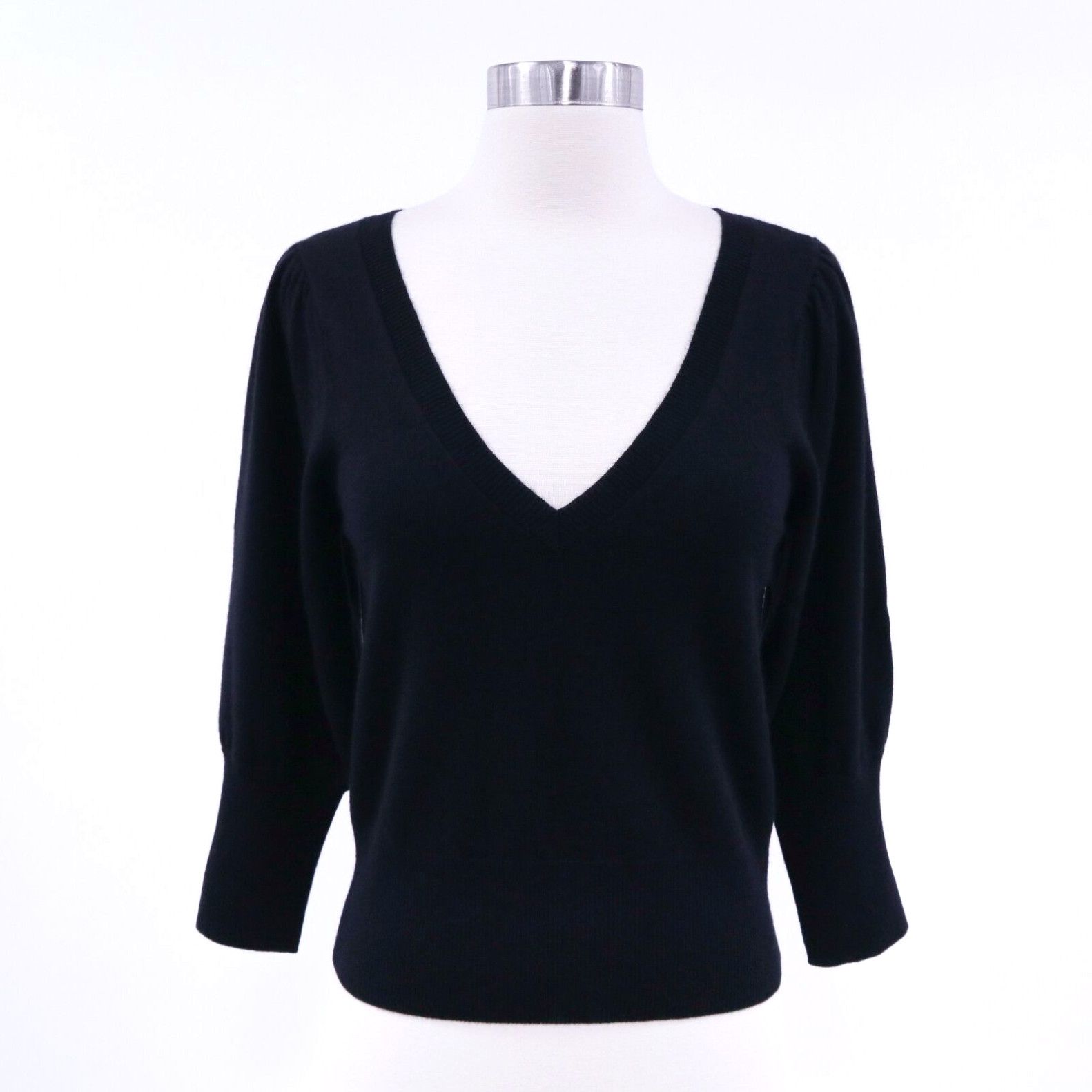 image of Ramy Brook Pullover Sweater Womens S Small Black Knit Puffed 3/4 Sleeve Wool in White